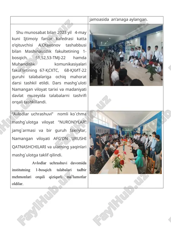 bilan esdalik uchun suratlarga tushib, muzey eksponatlari bilan ham yaqindan tanishib chiqdilar. vatanimiz tarixiga oid muhim ma`lumotlardan boxabar bo’lishdi. muzeyda ular o’zlarini qiziqtirgan savollarga aniq va yetarli javoblar olishdi. unda ii jahon urushi davrida fashizmga qarshi kurashgan, vatan uchun jonini bergan ajdodlarimiz ism sharifi zarhal varoqlarda o’z aksini topganini guvohi bo’lishdi. talabalar bilan viloyat madaniy ob’yektlariga uyushtirilgan sayohatdan maqsad yoshlar ongida vatanga muhabbat, o’zlikni anglash, milliy iftixor tuyg’ularini shaklantirishdan iborat. uchrashuv va muloqotni tashkil qilishda hamkorliq qilgan viloyat "nuroniylar” jamg`armasi va bir guruh faxriylar, namangan viloyati afg‘on urushi qatnashchilari va namangan viloyat tarixi va madaniyati davlat muzeyi xodimlariga alohida minnadorchiligimizni bildiramiz. institutda hamkor tashkilotlar bilan “xotira va qadrlash kuni” munosabati bilan bo`lib o`tadigan tadbirlar davom etadi. tadbir namangan viloyat televideniyesi orqali keng yoritildi. kirib kelayotgan qutlug‘ kun, 9 may – xotira va qadrlash kuni munosabati bilan barcha fahriylarimizni, aziz hamkasblarimizni tabriklaymiz!