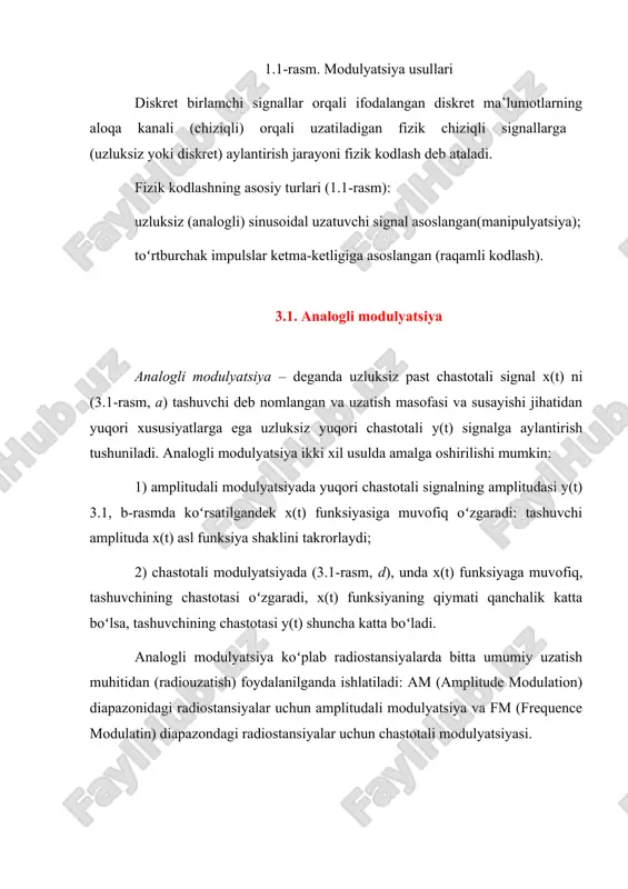 ng chastotasi oʻzgaradi, x(t) funksiyaning qiymati qanchalik katta boʻlsa, tashuvchining chastotasi y(t) shuncha katta boʻladi. analogli modulyatsiya koʻplab radiostansiyalarda bitta umumiy uzatish muhitidan (radiouzatish) foydalanilganda ishlatiladi: am (amplitude modulation) diapazonidagi radiostansiyalar uchun amplitudali modulyatsiya va fm (frequence modulatin) diapazondagi radiostansiyalar uchun chastotali modulyatsiyasi. 3.1-rasm. analogli modulyatsiya 4.1. impulsli modulyatsiya oʻtgan asrning 60-yillari boshlarida telefon ma’lumotlarini (ovozli signal) uzatish uchun raqamli aloqa kanallaridan foydalanish, uzluksiz signallarni diskret signallarga aylantirish usullarini ishlab chiqishni talab qildi, masalan: 1) amplituda-impulsli modulyatsiya; 2) impuls-kodli modulyatsiya. 5.1. impuls-amplitudali modulyatsiya impuls-amplitudali modulyatsiyada (iam) (pulse amplitude modulation - pam) uzluksiz signalni ma’lum bir amplituda diskret signallar (impulslar) toʻplamiga aylantirishdan iborat. buning uchun x(t) uzluksiz funksiya 5.1, a-rasmda koʻrsatilgandek diskretlanadi (kvantlanadi). vaqtga nisbatan bilan diskretizasiyalash chastotasi kotelnikov teoremasiga muvofiq belgilanadi, unda diskret shaklda berilgan uzluksiz signalni yoʻqotishsiz tiklash uchun fd ni diskretizasiyalash chastotasi shartini bajarishi kerak: fd > 2fv, bu yerda fv - uzatilgan signalning yuqori chastotasi x(t). shu …