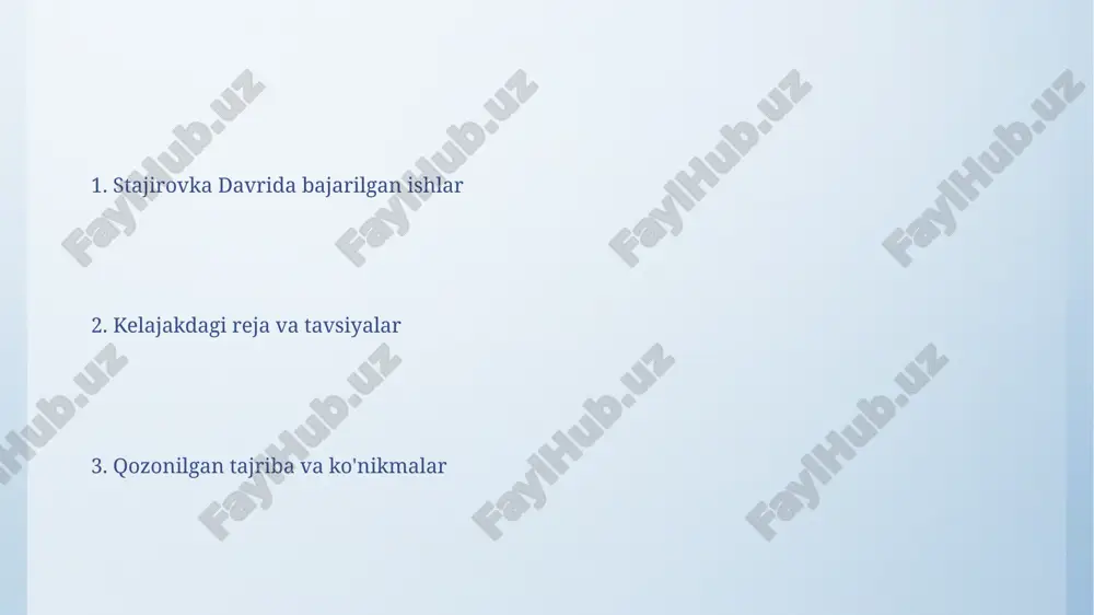 arildi. stajirovka davri va vazifalari stajirovka davrida o'zlashtirgan yangi texnologiyalar va dasturiy ta'minotlar soni 7 ga yetdi, ular orasida python, sql va javascript bor. loyihalarni amalga oshirish jarayonida 1500 dan ortiq kod satrlari yozdim va versiya nazorati tizimi (git) dan foydalanib, kodning sifatini ta'minladim. asosiy loyihalar va ishlar internship davrida 5 ta turli xil dasturiy ta'minotlarni integratsiyasi amalga oshirildi, bu esa umumiy ish samaradorligini 15% ga oshirdi va xatoliklar sonini 10% ga kamaytirdi. loyiha davomida 1500 dan ortiq foydalanuvchi ma'lumotlar bazasini optimallashtirish bo'yicha 3 ta asosiy algoritm ishlab chiqildi va sinovdan o'tkazildi, natijada so'rovlar tezligi 20% ga oshdi. liderlik fazilatlari jamoaviy ishlarda samaradorlikni oshirish maqsadida, 10 dan ortiq jamoa a'zolari bilan o'zaro hamkorlikda 2 ta muhim strategik vazifani muvaffaqiyatli bajardim, bu esa 15% ga ish samaradorligini oshirdi. liderlik fazilatlarini rivojlantirish bo'yicha 3 oylik amaliyot davomida 5 ta muhim ko'nikma, jumladan, delegatsiya va muloqot qobiliyatlarini o'rgandim va ularni 7 ta turli …