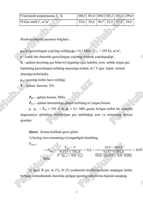 t = t = 313 k da, qatlam neftining gaz tarkibini qayta hisoblagandan so'ng (gaz hajmi t = 288,6 k haroratgacha kamayadi) va keyin a va b koeffitsientlarini aniqlaydi. g*= 1,055·10-3·(1+5·an)·g ρnd= 1,055·10-3·(1+5·7,98710-4)·55,6·868=51,12; a=1+0,0129· g*-0,0364· g*0,85=1+1,0129·51,12-0,0364·51,120,85=0,6281; v=1+0,0017· g*-0,0364· g*0,85=1+1,0017·51,12-0,0228·51,120,667=0,7728; va b - bu chew va connelly tomonidan taqdim etilgan (10-rasm) neft gazi tarkibidagi v * (p, t) ning grafik funktsiyalari va v * (p, t) pt va t = t da gaz bilan to'yingan neftning zichligi ko'p jihatdan bosimga bog'liq bo'lib, uning oshishi uning o'sishiga olib keladi, bu esa neftning siqilishi va shunga mos ravishda molekulyar o'zaro ta'sir kuchlarining oshishi bilan bog'liq. pq = pt va t = t sharoitida gazga to'yingan neftning ma'lum da ko'pikli nuqta bosimidan ortiqcha bosimning bog'liqligini bil grafikalari / 13 / yoki ularning analitik taxminlari / 9 / yordamida aniqlash mumkin. shunday qilib, ma'lum bo'lgan qatlamli yog'ning yopishqoqligini aniqlash uchun: gazsizlangan yog'ning yopishqoqligi, to'yinganlik bosimi, …