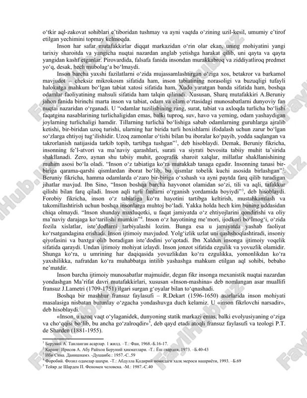 takrorlashni yaxshi ko‘rgan «o‘z-o‘zingni angla», degan ibora ayniqsa mashhur bo‘lgan. oradan ikki yarim ming yil vaqt o‘tgach, hozir ham bu fikr o‘z ahamiyatini yo‘qotgani yo‘q. u nafaqat narsalar dunyosini, balki inson borlig‘ining mohiyatini, inson va ijtimoiy munosabatlarning asl tabiatini tushunishga harakat qilayotgan har bir odam uchun o‘z-o‘zini anglashga chorlovchi fikr bo‘lib qolmoqda. buni faqat shu bilan izohlash mumkinki, ayni holda har bir yangi avlod o‘z davri hamda tabiiy-ilmiy va falsafiy tasavvurlarning tegishli darajasi nuqtai nazaridan yechishga harakat qiladigan o‘ta murakkab, «boqiy» falsafiy masalalardan biri to‘g‘risida so‘z yuritiladi. tarixga boshqa ko‘p sonli iboralar ham ma’lum bo‘lib, ular vaqt, madaniyat va diniy e’tiqoddan qat’iy nazar, inson barcha zamonlarda butun dunyo mutafakkirlarining diqqat markazida bo‘lgani va hozir ham shunday ekanligi, tayanch nuqtasi va hatto bilish mezoni bo‘lib xizmat qilishidan dalolat beradi. xususan, qadimgi xitoy faylasufi lao szi fikriga ko‘ra, «boshqalarni biluvchi – oqil, o‘zini biluvchi – donishmanddir». protagorning: «inson barcha narsalar mezonidir», degan …