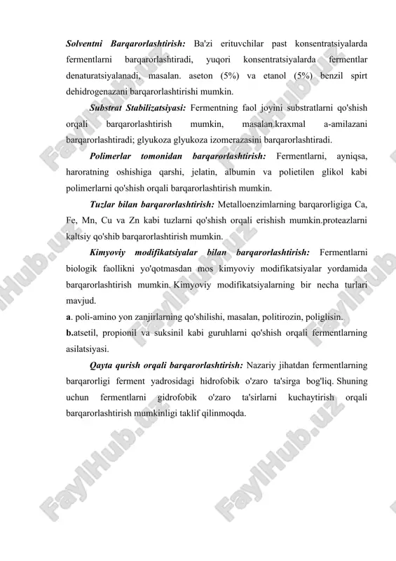 nil kabi guruhlarni qo'shish orqali fermentlarning asilatsiyasi. qayta qurish orqali barqarorlashtirish: nazariy jihatdan fermentlarning barqarorligi ferment yadrosidagi hidrofobik o'zaro ta'sirga bog'liq. shuning uchun fermentlarni gidrofobik o'zaro ta'sirlarni kuchaytirish orqali barqarorlashtirish mumkinligi taklif qilinmoqda. 1. fermentni kimyoviy davolanadi (masalan, karbamid va disulfid) va keyin uni qayta ishlanadi. 2. qayta tiklash past molekulyar og'irlikdagi ligandlar ishtirokida amalga oshirilishi mumkin. 3. ba'zi fermentlar uchun yuqori haroratlarda qayta eritish (50 co atrofida). saytga yo'naltirilgan mutagenez bilan barqarorlashtirish: saytga yo'naltirilgan mutagenez yanada barqaror va funktsional jihatdan samaraliroq fermentlarni ishlab chiqarish uchun muvaffaqiyatli ishlatilgan, masalan. subtilisin e. tajriba so’lak amilazasi faolligiga faollovchilar va ingibirlovchilarning ta’sirini o’rganish so’lak amilazasiga past konsentratsiyali nacl tuzi faollovchi omil sifatida ta’sir ko’rsatadi. xususan, dializ qilingan so’lak amilazasini kraxmalga nisbatan faolligi yo’qoladi. xuddi shuningdek, ba’zi metal tuzlari fermentlarga faollovchi ta’sir ko’rsatishi va boshqalari ingibirlovchi ta’sir ko’rsatishi mumkin. kerakli asboblar va jihozlar: probirka, kolba, stakan, 1 % li nacl eritmasi, so’lak eritmasi, 0,5 …