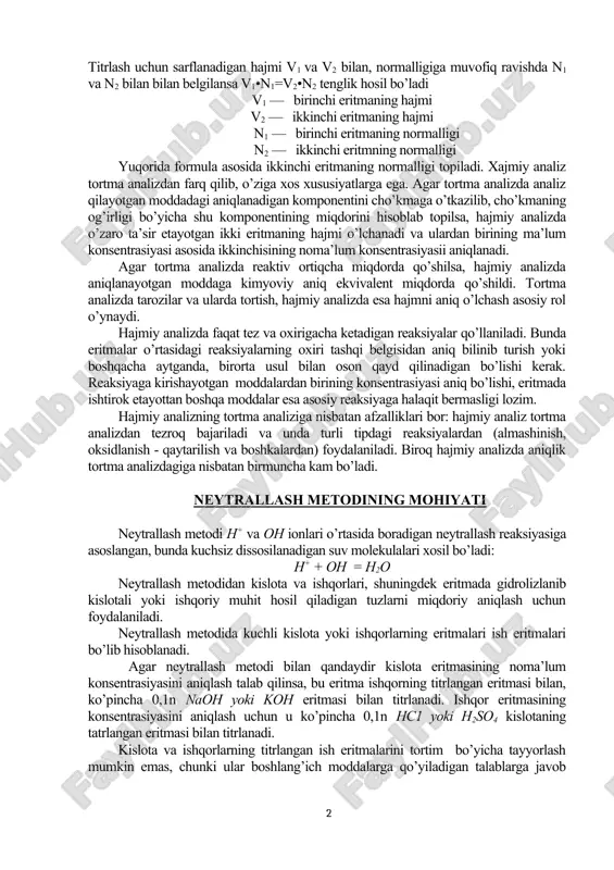 nsentrasiyasi. t — eritmani titri. e — erigan moddaning ekvivalenti. normal konsentrasiya bilan eritma hajmi orasida teskari proporsional bog’lanish mavjuddir. titrlash uchun sarflanadigan hajmi v1 va v2 bilan, normalligiga muvofiq ravishda n1 va n2 bilan bilan belgilansa v1•n1=v2•n2 tenglik hosil bo’ladi v1 — birinchi eritmaning hajmi v2 — ikkinchi eritmaning hajmi n1 — birinchi eritmaning normalligi n2 — ikkinchi eritmning normalligi yuqorida formula asosida ikkinchi eritmaning normalligi topiladi. xajmiy analiz tortma analizdan farq qilib, o’ziga xos xususiyatlarga ega. agar tortma analizda analiz qilayotgan moddadagi aniqlanadigan komponentini cho’kmaga o’tkazilib, cho’kmaning og’irligi bo’yicha shu komponentining miqdorini hisoblab topilsa, hajmiy analizda o’zaro ta’sir etayotgan ikki eritmaning hajmi o’lchanadi va ulardan birining ma’lum konsentrasiyasi asosida ikkinchisining noma’lum konsentrasiyasii aniqlanadi. agar tortma analizda reaktiv ortiqcha miqdorda qo’shilsa, hajmiy analizda aniqlanayotgan moddaga kimyoviy aniq ekvivalent miqdorda qo’shildi. tortma analizda tarozilar va ularda tortish, hajmiy analizda esa hajmni aniq o’lchash asosiy rol o’ynaydi. hajmiy analizda faqat tez …
