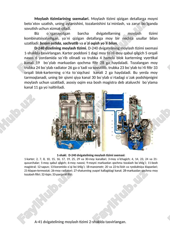 lar yuqori tezlikli dvigatellar uchun, v guruhi moylari o`rtacha tezlikli dvigatellar uchun, b guruhi esa kichik tezlikli dvigatellar uchun mo`ljallangan bo`ladi. sanab o`tilgan moylar universal hisoblanadi, lekin ularning rusumidagi “2” indeksi (masalan, m-8b2) bo`lsa, demak uni faqat dizellarga ishlatish mumkin, “1” indeksi bo`lsa faqat karbyuratorli divigatellarda ishlatish mumkinligini bildiradi. yuqoridagi moylardan tashqari barcha mavsumlar uchun mo`ljallangan moylar ishlab chiqariladi, masalan, m-4z/8g2 suratda qovushqoqlik sinfi, maxrajda 100°c dagi qovushqoqligi, “z” harfi qovushqoqligi kam moyga quyuqlashtiruvchi qo`shimchalar qo`shish hisobiga olinganligini bildiradi. moylash tizimlarining sxemalari. moylash tizimi qizigan detallarga moyni beto`xtov uzatish, uning aylanishini, tozalanishini ta`minlash, va zarur bo`lganda sovutish uchun xizmat qiladi. biz o`rganayotgan barcha dvigatellarning moylash tizimi kombinatsiyalashgan, ya`ni qizigan detallarga moy bir nechta usullar bilan uzatiladi: bosim ostida, sachratib va o`zi oqish yo`li bilan. d-240 dizelining moylash tizimi. d-240 dvigatelining moylash tizimi sxemasi 1-shaklda tasvirlangan. karter poddoni 1 dagi moy to`rli moy qabul qilgich 5 orqali nasos 6 yordamida so`rib …