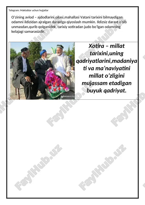 temur, jaloliddin manguberdidek buyuk ma’rifatparvarlar,vatanparvar bobolarimizni o’z avlodlariga yomonotliq qilib tushuntirish oddiy holga aylangan edi. o’zbek xalqini butun tarixi davomida yorug’ kun ko’rmagan, faqat jaholatda yashagan xalq sifatida ko’rsatish ularning maqsadlari edi. vaholanki , bizning bizning vatanimizda tilimizning asoschisi alisher navoiy , osmon sirlarini dunyoga tanitgan mirzo ulug’bek, tabiblik sohasida miditsinada hozirgacha jahon miqyosida amal qilinayotgan abu ali ibn sino ,abu rayhon beruniy,al xorazmiylar yashab o’tgan. alisher navoiy mirzo ulug’bek abu ali ibn sino abu rayhon beruniy al- xorazmiy xx asrning birinchi yarmida millatning erkinligini,ozod bo’lishini orzu qilgan mahmudxo’ja behbudiy abdulla avloniy fitrat cho’lpon abdulla qodiriy kabi ziyoli bobolarimizga turli boxonalar ag’darib,ularning umrini xazon etdilar. yurtim ado bo’lmas armonlaring bor, toshlarni yig’latgan dostonlaring bor. o’tmishingni o’ylab og’riydi jonim, ko’ksing to’la shahid o’g’lonlaring bor. yurtim, ko’nglimdek keng osmonlaring bor, yulduzni yig’latgan dosyonlaring bor. osmonlaringdan ham diydorlaringa zor, jayrondek termulgan cho’lponlarin bor. xotira va qadrlash kuni boshqa bayram va an’analardan farq qiladi. …