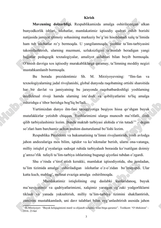 bo’lmayapdi. ular katta kuch, mablag’, mehnat evaziga amalga oshirilmoqda. mamlakatimiz istiqlolining eng daslabki kunlaridanoq, buyuk ma’naviyatimiz va qadriyatlarimizni, xalqimiz yaratgan og’zaki yodgorliklarni tiklash va yanada yuksaltirish, milliy ta’lim-tarbiya tizimini shakllantirish, zaminini mustahkamlash, uni davr talablari bilan uyg’unlashtirish asosida jahon andozalari va ko’nikmalari darajasiga olib chiqish maqsadlariga favqulotda katta ahamiyat berildi. ma’lumki har qanday millatning yangilanishi yoshlar tarbiyasidan boshlanadi. yoshlar esa bugungi kunda jamoada va asosan ta’lim-tarbiya munosabatlarida shakillantiriladi. ta’lim vositalari o’quvchilarning ruhiy, jismoniy, genetik va mintaqaviy o’ziga xosliklarini to’liq hisobga olgandagina yuqori samaradorlikka erishish mumkin. kurs ishining maqsadi: sinf jamoasini tashkil etish va tarbiyalash ishlarini aniqlash va tavsiyalar ishlab chiqish. kurs ishining vazifasi: 1. jamoada shaxsni tarbiyalashni nazariy jihatdan o’rganish; 2. jamoaning rivojlanishida tarbiya usullarining ahamiyatini aniqlash; 3. jamoa ijodiy faoliyatini rivojlantirishda pedagogik texnologiyalarning o‘rnini yoritib berish; 4. jamoaviy ijodiy faoliyat metodikasini amalga oshirish bosqichlarini o’rganish va tahlil qilish. kurs ishining obyekti: jamoa ijodiy faoliyatini rivojlantirishda pedagogik texnologiyalarning o’rnini aniqlash …