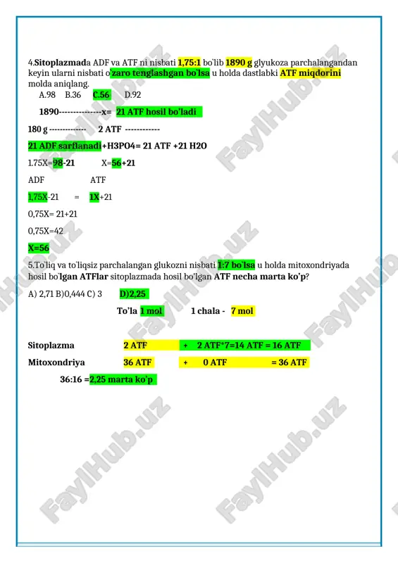 36 atf 36:16 = 2,25 marta ko’p 6.glyukozaning to’liqsiz va to’liq parchalanishidan 6800 kj energiya va 88 atf hosil bo’ldi. necha foiz glyukoza to’liq parchalangan ? a) 75 b) 40 c) 60 d) 25 to’la - x chala- y 2800x + 200y = 6800 jami energiya 38 x + 2y = 88 atf /*100 3800x +200y = 8800 1000x=2000 x= 2 mol to’la 38 *2 + 2y = 88 2y= 88-76 2y=12 y=6 mol chala 6+2= 8 mol 8------------- 100% jami 2 ------------- x= 25% to’la 7.repishka hujayrasi sitoplazmasida anaerob sharoitda 60 kj energiya atf to’plangan bo’lsa shu vaqtning o’zida assimilatsiya jarayonida sintezlangan atf necha g glyukoza sinteziga yetadi? (glyukoza faqat to’la parchalangan va xloroplastdagi sintezlangan atf larni hammasi glyukoza sinteziga sarf bo’lgan) a) 8100 g b)450 g c) 180 g d) 230 g 80kj atf to’planganda (sito)-------------- 36 atf mitoxondriyada 60 kj -------------------------------- x= 27 mol atf mitoxondriyada mitoxondriya …