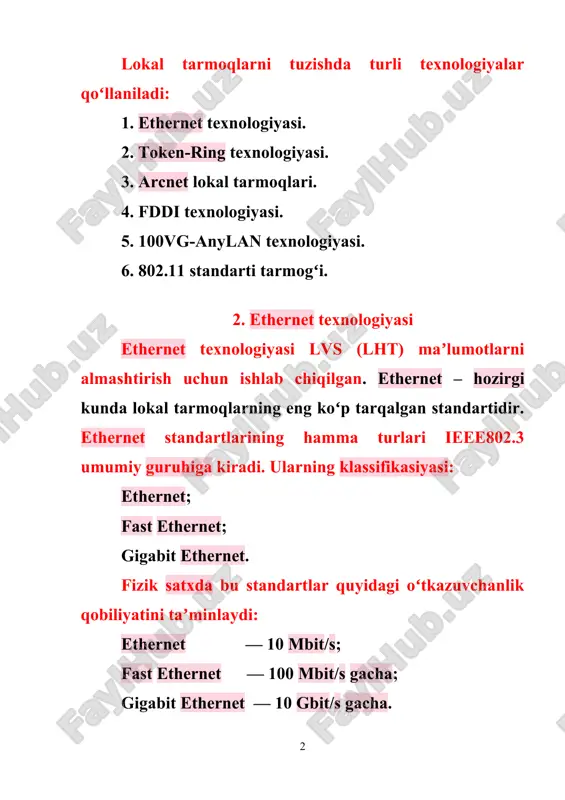 multiply-access with collision detection) qoʻllaniladi (4.1-rasm). bu usul mantiqiy umumiy shinali tarmoqlarda qoʻllaniladi. bunday tarmoqning hamma kompyuterlari umumiy shinaga bevosita kirishga ega, umumiy shinali tarmoq istalgan ikkita uzeli orasida maʼlumot uzatishda foydalaniladi. tarmoqqa ulangan hamma kompyuterlar bir paytning oʻzida istalgan kompyuterdan umumiy shinaga kiritgan maʼlumotlarini olishi mumkin. muhitga kirish bosqichlari: 1.tarmoqda uzatiladigan maʼlumotlar belgilangan strukturadagi kadrlarga joylashtiriladi va qabul stansiyasi adresi bilan taʼminlanadi; 2.kadrni uzatishda muhit band emasligi aniqlanadi. buning uchun signalning asosiy garmonikasi, tashuvchi chastotasi (cs- carrier-sense) uzatiladi. muhitda tashuvchi signal boʻlmasa, tarmoq band boʻlmaydi; muhit band boʻlmasa 1-uzel kadrni uzatishi mumkin. bu kadr rasmda birinchi boʻlib koʻrsatilgan; koaksial kabelli ethernet tarmogʻida 1-uzel uzatgichining signallari ikki tomonga uzatiladi va tarmoqning hamma uzellari bu signalni qabul qiladi; maʼlumotlar kadri preambula (preamble) bilan taʼminlangan. preambula qabul qilgichga bitli kirish uchun va uzatgich bilan baytli sinxronizatsiylashni ta’minlash uchun kerak boʻladi. 1-rasm. ethernet tarmoqlarida malumotlarni tasodifiy kirish usuli csmagwcd kabelga ulangan hamma stansiyalar …