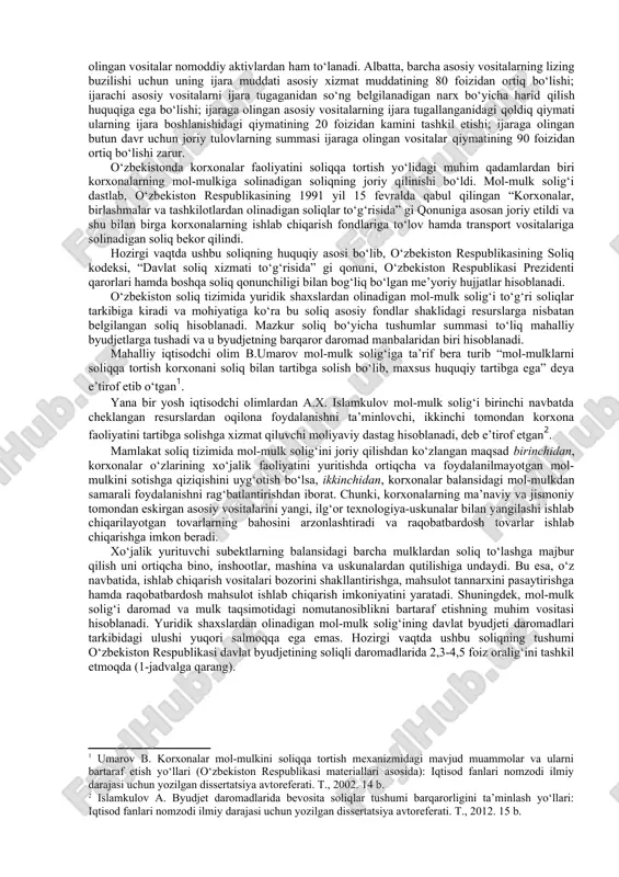 rgan qismini ishlab chiqarilayotgan mahsulot tannarxiga amortizatsiya ajratmasi ko‘rinishida qisman-qisman o‘tkazib boradi. shuning uchun ham korxonalar ushbu mol-mulklardan foydalanish jarayonida, ularni to‘g‘ri va unumli ishlatib, imkoni boricha ko‘p va sifatli mahsulot ishlab chiqarishni, har ishlab chiqarishga sarflangan har bir so‘mning rentabellik darajasini oshirilishini ta’minlashga harakat qilishadi. shuningdek, mavjud qonunchilikka ko‘ra barcha korxonalar mol-mulklari uchun byudjetga soliq to‘lash majburiyatiga ham egadir. bu soliqlar summasi mol-mulklarning miqdoriga qarab mutanosib ravishda o‘zgarishi mumkin, ya’ni mol-mulklarning qiymati oshgan sari soliqlar summasi ham oshib boradi. bunday soliq siyosati korxonalar diqqatini ortiqcha asosiy va aylanma mablaglardan voz kechishiga va eng zarur bo‘lgan mol-mulklarnigina olib qolib, ulardan unumli foydalanishga qaratadi. bozor iqtisodiyotini shakllantirish bosqichida mol-mulk solig‘ini rag‘batlantiriuvchi va korxonalarni tejamkorlikka undovchi xususiyalari inobatga olinib, o‘zbekiston respublikasining 1991 yil 15 fevraldagi «korxonalar, tashkilotlar va birlashmalardan olinadigan soliqlar to‘g‘risida»gi qonuniga muvofiq, u joriy etildi va sunggi yillarda qabul qilingan qonunlar orqali uning ayrim jihatlari takomillashtirilib turildi. mol-mulk solig‘i to‘lovchilari …