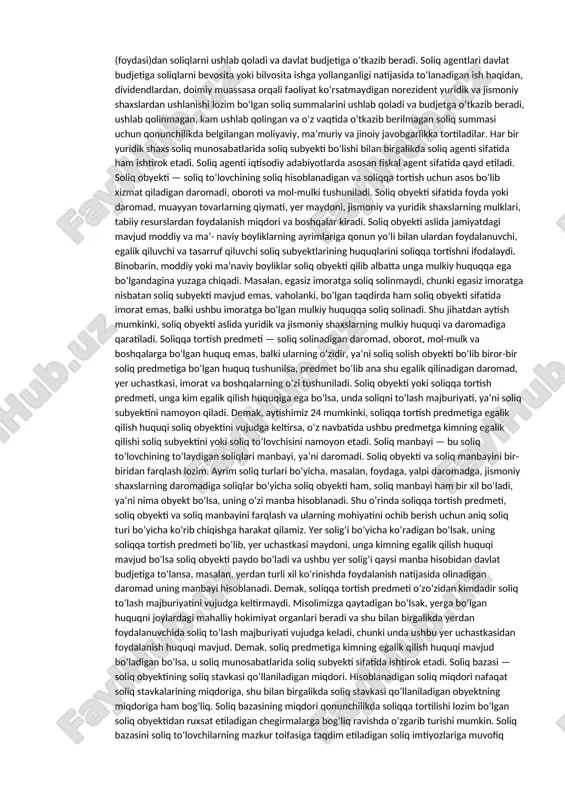 ar va davlat budjeti o‘rtasidagi iqtisodiy-huquqiy munosabatlarda namoyon bo‘ladi. soliq nazariyasida soliqqa oid munosabatlarni to‘liq va teranroq ifoda etish uchun iqtisodiy voqeliklarni har bir kichik guruhlari muayyan nomdagi iboralar bilan izohlanadi. soliq elementlari ham xuddi shunday soliqqa oid iqtisodiy hodisalarni izohlashga xizmat qiluvchi yaxlit tushunchadir. soliq elementlari tushunchasi soliqqa tortish tizimining muhim tarkibiy qismi bo‘lib, uning o‘zi ham kichik tizimni tashkil etadi, ya’ni soliq elementlari ham bir necha iqtisodiy kategoriyalarni yaxlit holdagi harakatini bildiradi. soliq elementlari bir nechta tushunchalardan iborat bo‘lib, ular tarkiban: soliq subyekti, soliq obyekti, soliq predmeti, soliq manbayi, soliqqa tortish birligi, soliq stavkasi, soliq imtiyozlari, soliq normasi, soliqni to‘lash muddatlari, soliq yuki, soliq bazasini hisoblash usullari, soliqqa tortish usullari kabi tushunchalarni qamrab oladi. quyida soliq elementlarining har biriga qisqacha to‘xtalib o‘tamiz. soliq subyekti — soliq to‘lash majburiyati yuklangan yuridik va jismoniy shaxslar yoki boshqacha qilib aytganda soliq subyekti — bu soliqqa oid munosabatlarni tashkil etuvchi tomonlarning o‘zaro …