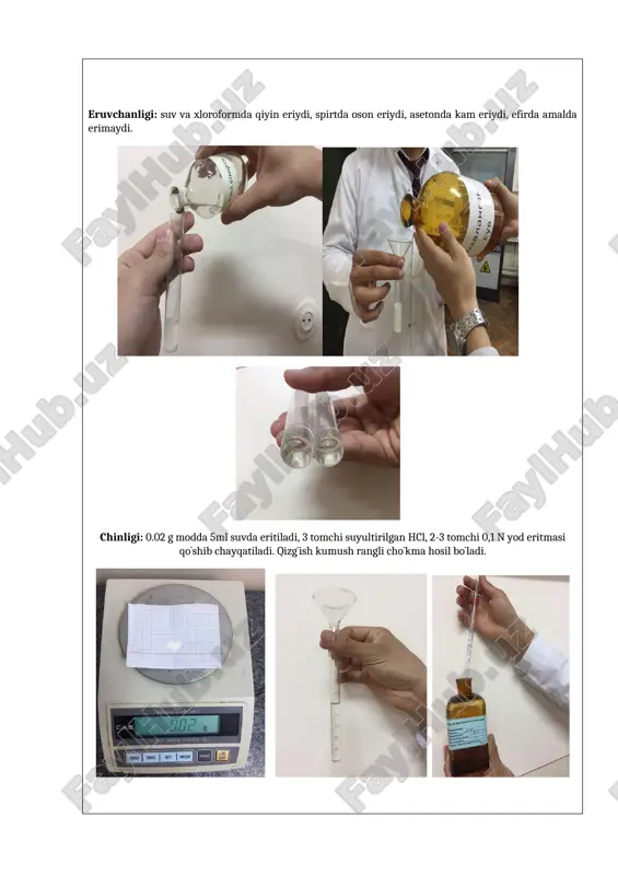 shi uchun quyidagilar zarur: - elektron tarozi; - 25ml, 50ml, 100ml, 200ml, 250 ml i 500 ml li o‘lchov kolbalar; - probirkalar, silindrlar, konussimon kolbalar; - filtr qog‘ozi; - reaktivlar; - erituvchilar. laboratoriya ishlarini o'tkazish qoidalari va xavfsizlik choralari. kimyo laboratoriyalariga faqatgina xavfsizlik texnikasi bilan tanishib maxsus jurnalga imzo qo‘ygan talabalargina kirib ishlashga ruxsat beriladi. laboratoriya ishiga tushishdan oldin talabalar texnika xavfsizligini tushungandan so‘ng ruxsat berilishi lozim: · laboratoriyada tozalik va texnika xavfsizligiga rioya qilish shart; · · kimyoviy reaktivlar qadog‘ida yozilgan ko‘rsatmalar asosida saqlanishi shart; · ishni tugatgandan so‘ng ish joyini tozalash, kimyoviy qoldiqlarni neytrallash va idishlarni zararsizlantirish shart; · kimyoviy reaktivlarning qoldig‘ini, organik erituvchilar va suvli kimyoviy moddalar eritmasini rakovinaga to‘kish mumkin emas. bunday qoldiqlar maxsus idishlarga solinadi (shisha). laboratoriya ish joyida ovqatlanish va oziq ovqat maxsulotlarini saqlash man etiladi. suv ichish va dori moddalarini mazasini tatib ko‘rish man etiladi. moddalarni xidini zaxarli emasligiga ishonch xosil qilingandan so‘ng …