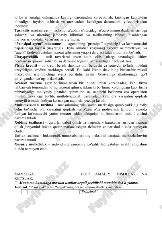 larning ishlatuvchi tashkilotdir. mulk egasining tavsifiga ko‘ra qo‘yidagi turdagi firmalar mavjud: davlat, xususiy tadbirkorlik va kapitalistik firmalar, xar bir ochiq xolda ular xo‘jalik faoliyatining asosiy maqsadi - qoldiq daromad mulk egasining, barcha to‘lovlar amalga oshirganda keyingi daromadini ko‘paytirish, kiritilgan kapitaldan olinadigan foydani oshirish va mexnatdan keladigan daromadni yuksaltirishdan iboratdir. tashkiliy madaniyat – tashkilot a’zolari o‘rtasidagi o‘zaro munosabatlarni tartibga soluvchi va ularning jamoaviy bilimlari va tajribasining ifodasi hisoblangan me’yorlar, qoidalar va an’analar yig‘indisi. “prinsipal-agent” muammosi – “agent”ning “prinsipal” topshirig‘i va ko‘rsatmasini bajarishdagi hiylasi (nayrangi). hiyla ishlatish (nayrang) axborot asimmetriyasi va “agent” faoliyati ustidan nazorat qilishning yuqori darajasi tufayli mumkin bo‘ladi. chayqovchilik – turli tovarlarni arzon sotib olib, ularga texnologik ishlov bermasdan qimmat sotish bilan daromad topishni ko‘zlaydigan faoliyat turi. firma krediti – bu kredit berish shaklida mol beruvchi va sotuvchi to‘lash muddati uzaytirilgan kreditni xaridorga beradi. bu kabi kredit shaklining birdan-bir misoli maxsulotni iste’molchiga avans berishdir, avans beruvchiga shartnomaga qo‘l qo‘yilgandan …