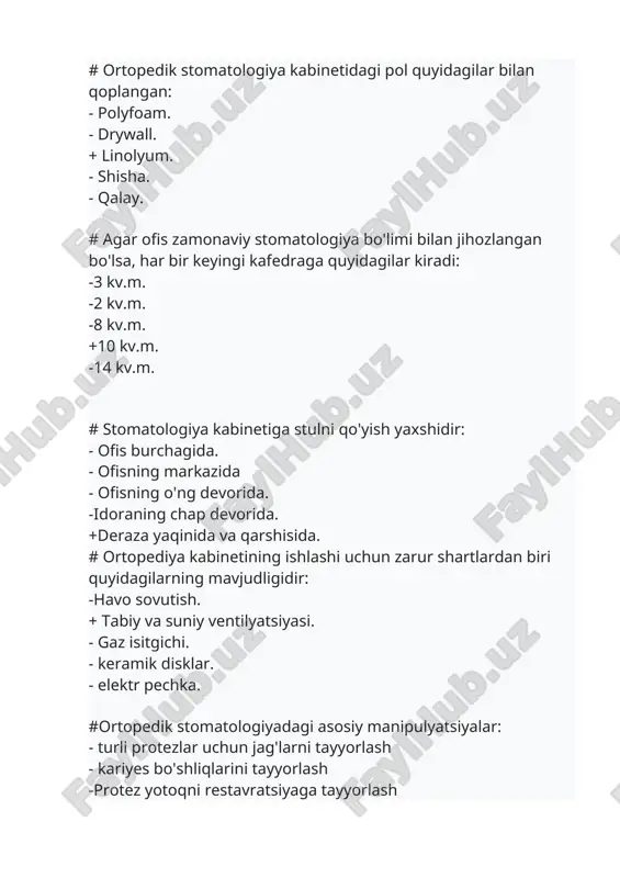 stomatologiyada davolash maqsadlari: -yuzning normal shaklini tiklash - anormal tish shakllarining oldini olish - normal yutishni tiklash - yutish buzilishining oldini olish +barcha yuqoridagi funksiyasini tiklash # tish protezining vazifasi: -murakkab kariyeslarni davolash - estetik jihat - kariyesning oldini olish - normal yutishni ta'minlash + tishlar nuqsonlarini tiklash # zamonaviy stomatologiya bo'linmalarida burg'uning aylanish tezligi -100 000 aylanish tezligi -200 000 aylanish tezligi. -250 000 aylanish tezligi -300 000 aylanish tezligi +300 000 rpm dan ortiq #ortopediya kabinetidagi havo harorati: -16 - 25 ° s -12 - 15 ° s -20 - 26 ° s -23 - 28 ° s +18 - 22 ° s # zamonaviy stomatologiya bo'linmalarida burg'uning aylanish tezligi -100 000 aylanish tezligi -200 000 aylanish tezligi. -250 000 aylanish tezligi -300 000 aylanish tezligi +300 000 rpm dan ortiq #zaldagi eng maqbul o'rindiqlar soni: -5-10 -8-10 -4-8 -6-7 +1-3 # har bir ishlaydigan stomatolog uchun kamida …