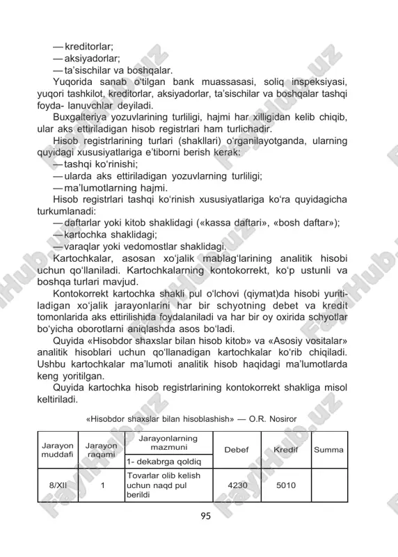 muassasasi, soliq inspeksiyasi, yuqori tashkilot, kreditorlar, aksiyadorlar, ta’sischilar va boshqalar tashqi foyda- lanuvchlar deyiladi. buxgalteriya yozuvlarining turliligi, hajmi har xilligidan kelib chiqib, ular aks ettiriladigan hisob registrlari ham turlichadir. hisob registrlarining turlari (shakllari) o‘rganilayotganda, ularning quyidagi xususiyatlariga e’tiborni berish kerak: · tashqi ko‘rinishi; · ularda aks ettiriladigan yozuvlarning turliligi; · ma’lumotlarning hajmi. hisob registrlari tashqi ko‘rinish xususiyatlariga ko‘ra quyidagicha turkumlanadi: · daftarlar yoki kitob shaklidagi («kassa daftari», «bosh daftar»); · kartochka shaklidagi; · varaqlar yoki vedomostlar shaklidagi. kartochkalar, asosan xo‘jalik mablag‘larining analitik hisobi uchun qo‘llaniladi. kartochkalarning kontokorrekt, ko‘p ustunli va boshqa turlari mavjud. kontokorrekt kartochka shakli pul o‘lchovi (qiymat)da hisobi yuriti- ladigan xo‘jalik jarayonlarini har bir schyotning debet va kredit tomonlarida aks ettirilishida foydalaniladi va har bir oy oxirida schyotlar bo‘yicha oborotlarni aniqlashda asos bo‘ladi. quyida «hisobdor shaxslar bilan hisob kitob» va «asosiy vositalar» analitik hisoblari uchun qo‘llanadigan kartochkalar ko‘rib chiqiladi. ushbu kartochkalar ma’lumoti analitik hisob haqidagi ma’lumotlarda keng yoritilgan. …