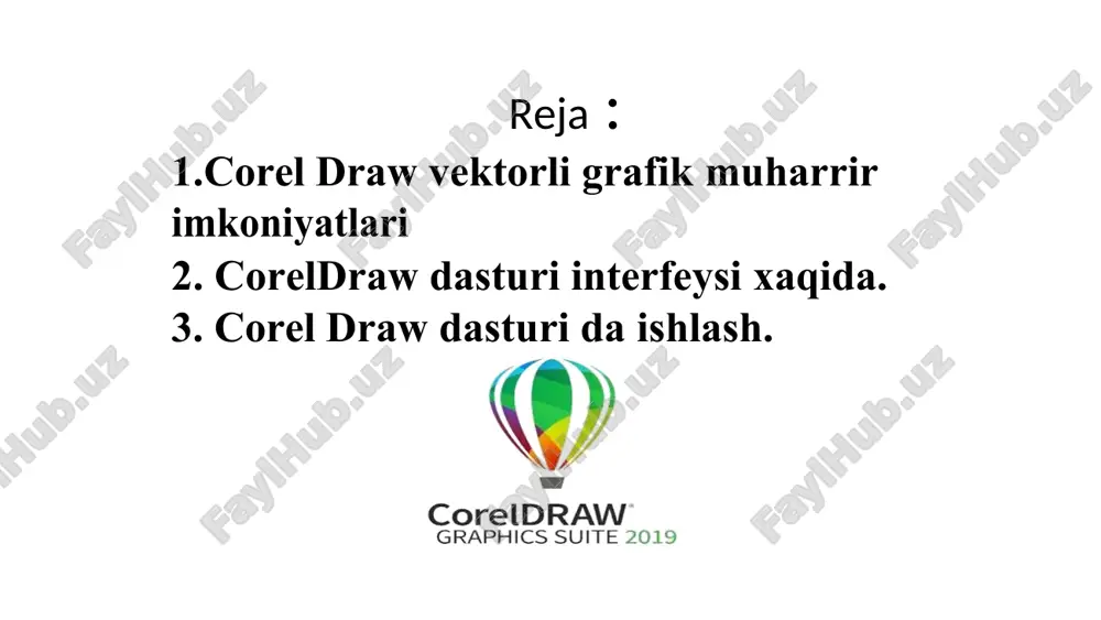 gartirish. coreldraw dasturida sahifa ko`rinishini o`zgartirish xossalar paneli orqali amalga oshiriladi. odatda ochilgan yangi sahifani boshqa ko`rinishlarga o`zgartirish uchun sahifa ko`rinishini sozlash uchun mo`ljallangan xossalar panelidan foydalanamiz. uning tuzilishi va vazifalari quyidagicha: 1. sahifa parametrini o`zgartirish. 2. sahifa o`lchamlari. 3. sahifa holatini o`zgartirish . 4. tanlangan holatni bitta sahifa uchun ishlatish. 5. tanlangan holatni barcha sahifalar uchun ishlatish. 6. o`lchov birliklari. 7. kursor bilan siljish. 8. hujjat nusxasigacha masofa. 9. qo`shimcha imkoniyatlar. coreldraw dasturining ish imkoniyatlari ko`p parametrli bo`lib, har bir parametr uning ko`rinishini o`zgartiradi va bir qancha imkoniyatlar yaratadi. jumladan, sahifa ko`rinishini boyitishda asosiy menyudan “maket” menyusining “fon stranisi” bandi imkoniyatlari orqali amalga oshiriladi. · fonsiz sahifa hosil qilish; · fon uchun rangdan foydalanish; · fon uchun boshqa dasturda yaratilgan ob`ektlardan foydalanish. ushbu buyruq tanlanganda pastidagi mavjud buyruqlar faolashadi. ular orqali tanlangan ob`ektni joylashgan joyini ko`rish, o`lchamlarini o`zgartirish mumkin. ranglar palitrasi. asosiy oynaning o`ng qismida vertikal yo`nalishda palitra joylashgan …