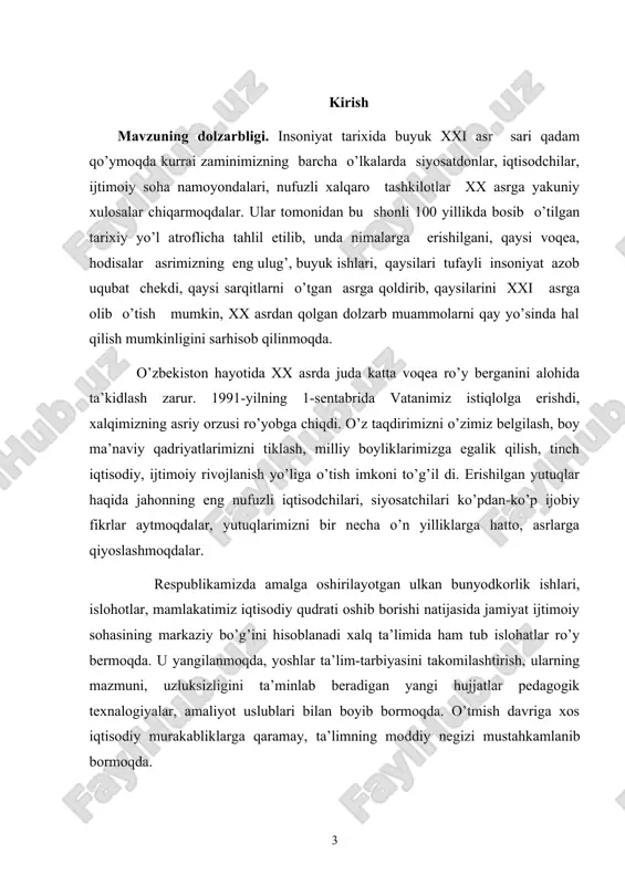 sh davriga xos iqtisodiy murakabliklarga qaramay, ta’limning moddiy negizi mustahkamlanib bormoqda. respublika prezidenti va hukumatining ta’limni rivojlantirish, yosh avlodga jahon andozalariga mos bilim, iqtidor va ko’nikmalar berish, ularni ona-vatanga, milliy istiqlol g’oyalariga sadoqat ruhida tarbiyalash borasida ko’rsatilgan doimiy g’amxo’rlik tufayli ta’lim-tarbiya ishlarining bugungi qiyofasi tubdan o’zgardi. prezidentimiz sh.m.mirziyoyev bmt ning 72-sessiyasida shunday degan edi: “biz butun jahon jamoatchiligiga islom dinining asl insonparvarlik mohiyatini yetkazishni eng muhim vazifa, deb hisoblaymiz. biz muqaddas dinimizni azaliy qadriyatlarimiz mujassamining ifodasi sifatida behad qadrlaymiz. biz muqaddas dinimizni zo'ravonlik va qon to'kish bilan bir qatorga qo'yadiganlarni qat'iy qoralaymiz va ular bilan hech qachon murosa qila olmaymiz. islom dini bizni ezgulik va tinchlikka, asl insoniy fazilatlarni asrab-avaylashga da'vat etadi. markaziy osiyo uyg'onish davrining ko'plab yorqin namoyandalarining islom va jahon sivilizatsiyasiga qo'shgan bebaho hissasini alohida qayd etmoqchiman. ana shunday buyuk allomalardan biri imom buxoriy o'z ahamiyatiga ko'ra islom dinida qur'oni karimdan keyingi muqaddas kitob hisoblangan "sahihi buxoriy"ning muallifi …