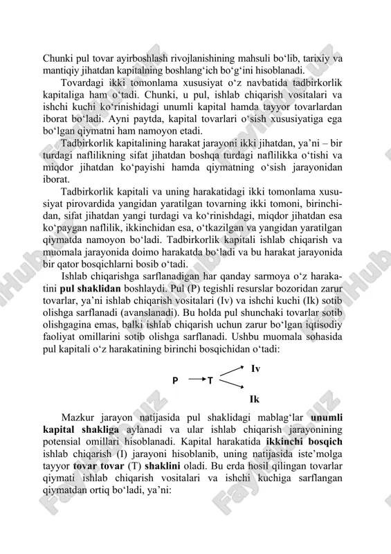 hidan qat’iy nazar, u barcha ko‘rinishlarda ikki tomonlama xususiyatga ega bo‘ladi va shu xusu- siyatlarning birligi sifatida amal qiladi. kapitalning bu xususiyatlari tovardagi ikki xil xususiyatdan va uni keltirib chiqaruvchi sabab – tovarda gavdalangan mehnatning ikki yoqlama tavsifidan kelibchiqadi. chunki pul tovar ayirboshlash rivojlanishining mahsuli bo‘lib, tarixiy va mantiqiy jihatdan kapitalning boshlang‘ich bo‘g‘ini hisoblanadi. tovardagi ikki tomonlama xususiyat o‘z navbatida tadbirkorlik kapitaliga ham o‘tadi. chunki, u pul, ishlab chiqarish vositalari va ishchi kuchi ko‘rinishidagi unumli kapital hamda tayyor tovarlardan iborat bo‘ladi. ayni paytda, kapital tovarlari o‘sish xususiyatiga ega bo‘lgan qiymatni ham namoyon etadi. tadbirkorlik kapitalining harakat jarayoni ikki jihatdan, ya’ni – bir turdagi naflilikning sifat jihatdan boshqa turdagi naflilikka o‘tishi va miqdor jihatdan ko‘payishi hamda qiymatning o‘sish jarayonidan iborat. tadbirkorlik kapitali va uning harakatidagi ikki tomonlama xusu- siyat pirovardida yangidan yaratilgan tovarning ikki tomoni, birinchi- dan, sifat jihatdan yangi turdagi va ko‘rinishdagi, miqdor jihatdan esa ko‘paygan naflilik, ikkinchidan esa, o‘tkazilgan …
