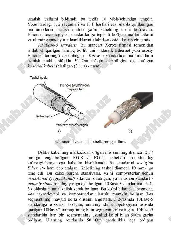uzatish tezligini bildiradi, bu tezlik 10 mbit/sekundga tengdir. yozuvlardagi 5, 2 raqamlari va t, f harflari esa, ularda qo’llanilgan ma’lumotlarni uzatish muhiti, ya’ni kabelning turini ko’rsatadi. ethernet texnologiyasi standartlariga tegishli bo’lgan ma’lumotlarni va ularning qanday tuzilganliklarini alohida-alohida ko’rib chiqamiz. 1.10base-5 standarti. bu standart xerox firmasi tomonidan ishlab chiqarilgan tarmoq bo’lib uni - klassik ethernet yoki asosiy ethernet tarmog’i deb atalgan. 10base-5 standartida ma’lumotlarni uzatish muhiti sifatida 50 om to’lqin qarshiligiga ega bo’lgan koaksial kabel ishlatilgan (3.1. a) - rasm). a) b) 3.1-rasm. koaksial kabellarning xillari. ushbu kabelning markazidan o’tgan mis simning diametri 2,17 mm-ga teng bo’lgan. rg-8 va rg-11 kabellari ana shunday ko’rsatgichlarga ega kabellar hisoblanadi. bu standartni «yo‘g‘on ethernet» ham deb atalgan. kabelining tashqi diametri 10 mm- ga teng edi. bu kabel barcha stansiyalar, ya’ni kompyuterlar uchun monokanal (yagonakanal) sifatida ishlatilgan, ya’ni ushbu standart - umumiy shina topologiyasiga ega bo’lgan. 10base-5 standartida «5-4-3 qoidasiga» amal qilish kerak bo’lgan. bu …