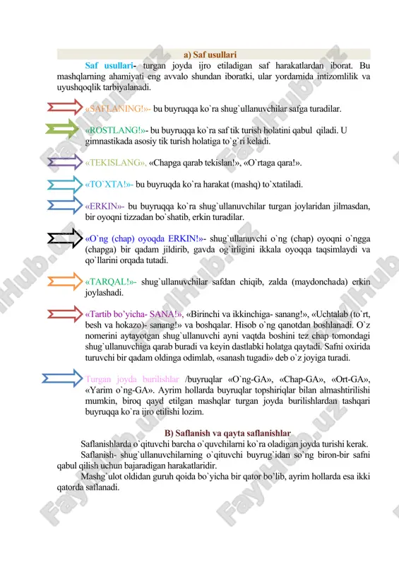 qqa ko`ra shug`ullanuvchilar safga turadilar. «rostlang!»- bu buyruqqa ko`ra saf tik turish holatini qabul qiladi. u gimnastikada asosiy tik turish holatiga to`g`ri keladi. «tekislang», «chapga qarab tekislan!», «o`rtaga qara!». «to`xta!»- bu buyruqda ko`ra harakat (mashq) to`xtatiladi. «erkin»- bu buyruqqa ko`ra shug`ullanuvchilar turgan joylaridan jilmasdan, bir oyoqni tizzadan bo`shatib, erkin turadilar. «o`ng (chap) oyoqda erkin!»- shug`ullanuvchi o`ng (chap) oyoqni o`ngga (chapga) bir qadam jildirib, gavda og`irligini ikkala oyoqqa taqsimlaydi va qo`llarini orqada tutadi. «tarqal!»- shug`ullanuvchilar safdan chiqib, zalda (maydoncha​da) erkin joylashadi. «tartib bo’yicha- sana!», «birinchi va ikkinchiga- sanang!», «uchtalab (to`rt, besh va hokazo)- sanang!» va boshqalar. hisob o`ng qanotdan boshlanadi. o`z nomerini aytayotgan shug`ullanuvchi ayni vaqtda boshini tez chap tomondagi shug`ullanuvchiga qarab buradi va keyin dastlabki holatga qaytadi. safni oxirida turuvchi bir qadam oldinga odimlab, «sanash tugadi» deb o`z joyiga turadi. turgan joyda burilishlar /buyruqlar «o`ng-ga», «chap-ga», «ort-ga», «yarim o`ng-ga». ayrim hollarda buyruqlar topshiriqlar bilan almashtirilishi mumkin, biroq qayd etilgan mashqlar …