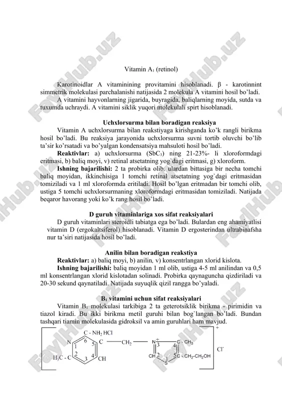immetrik molekulasi parchalanishi natijasida 2 molekula a vitamini hosil bo’ladi. a vitamini hayvonlarning jigarida, buyragida, baliqlarning moyida, sutda va tuxumda uchraydi. a vitamini siklik yuqori molekulali spirt hisoblanadi. uchxlorsurma bilan boradigan reaksiya vitamin a uchxlorsurma bilan reakstiyaga kirishganda ko’k rangli birikma hosil bo’ladi. bu reaksiya jarayonida uchxlorsurma suvni tortib oluvchi bo’lib ta’sir ko’rsatadi va bo’yalgan kondensatsiya mahsuloti hosil bo’ladi. reaktivlar: a) uchxlorsurma (sbc3) ning 21-23%- li xloroformdagi eritmasi, b) baliq moyi, v) retinal atsetatning yog`dagi eritmasi, g) xloroform. ishning bajarilishi: 2 ta probirka olib, ulardan bittasiga bir necha tomchi baliq moyidan, ikkinchisiga 1 tomchi retinal atsetatning yog`dagi eritmasidan tomiziladi va 1 ml xloroformda eritiladi. hosil bo’lgan eritmadan bir tomchi olib, ustiga 5 tomchi uchxlorsurmaning xloroformdagi eritmasidan tomiziladi. natijada beqaror havorang yoki ko’k rang hosil bo’ladi. d guruh vitaminlariga xos sifat reaksiyalari d guruh vitaminlari steroidli tabiatga ega bo’ladi. bulardan eng ahamiyatlisi vitamin d (ergokaltsiferol) hisoblanadi. vitamin d ergosterindan ultrabinafsha nur …