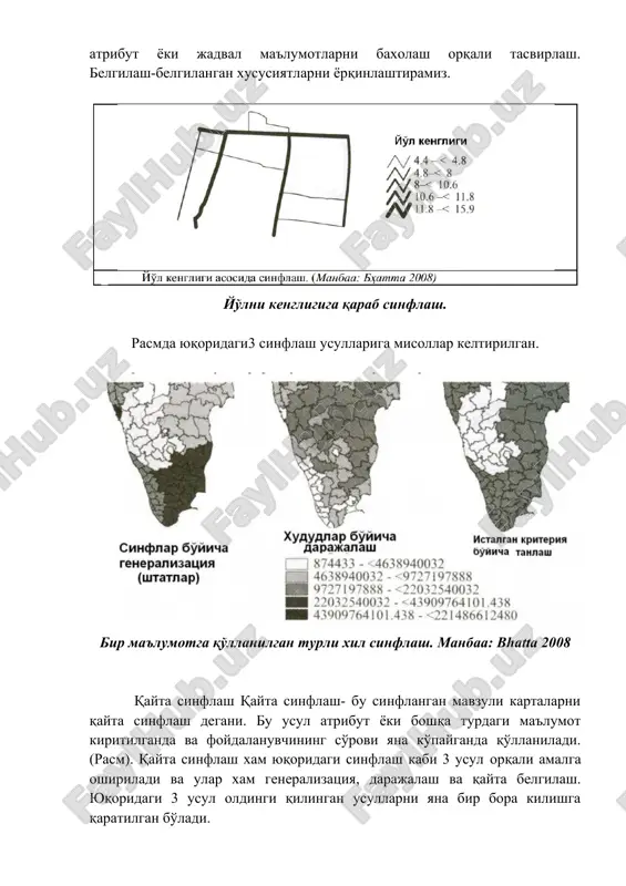 karta xususiyatlarini sinflash orqali xosil qilinadi (rasm). masalan, biz shaxar ichidagi barcha ko'chalarni kengligiga qarab sinflashimiz va mavzuli karta xosil qilishimiz mumkin. bunda turli sinflar turli ranglar, tonlar, matnlar orqali tasvirlanadi. sinflash quyidagicha bajarilishi mumkin: generalizatssiya (umumlashtirish)-karta xususiyatlari (belgilari) maxsus sinflarga asosan tasvirlash, generalizatsiya natijasida tafsilotlar miqyosi kamayadi, sababi bunda mayda tafsilotlar umumlashtirishga qaratiladi. darajalash (ranking) -karta xususiyatlarini atribut yoki jadval ma'lumotlarni baxolash orqali tasvirlash. belgilash-belgilangan xususiyatlarni yorqinlashtiramiz. yo'lni kengligiga qarab sinflash. rasmda yuqoridagi3 sinflash usullariga misollar keltirilgan. bir ma'lumotga qo'llanilgan turli xil sinflash. manbaa: bhatta 2008 qayta sinflash qayta sinflash- bu sinflangan mavzuli kartalarni qayta sinflash degani. bu usul atribut yoki boshqa turdagi ma'lumot kiritilganda va foydalanuvchining so'rovi yana ko'payganda qo'llaniladi. (rasm). qayta sinflash xam yuqoridagi sinflash kabi 3 usul orqali amalga oshiriladi va ular xam generalizatsiya, darajalash va qayta belgilash. yuqoridagi 3 usul oldingi qilingan usullarni yana bir bora kilishga qaratilgan bo'ladi. tuman kartasini qayta sinflash orqali viloyat …