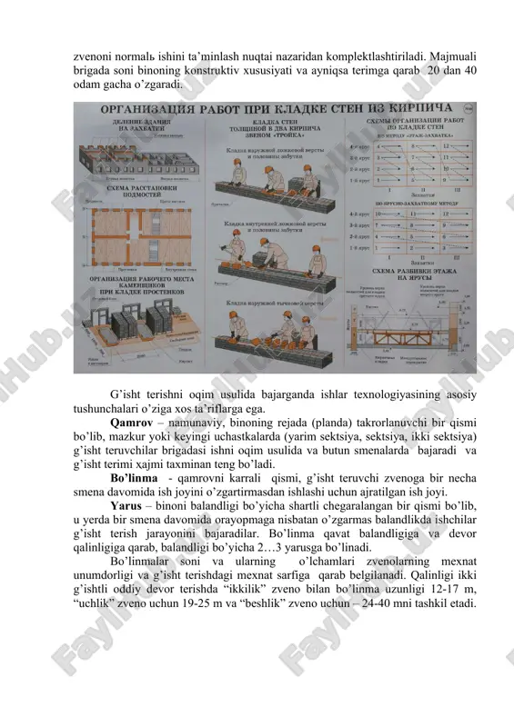 usulidir, uni asosiga quyidagi printsiplar qo’yiladi: • hamma ishlar majmuasini qamrov-yarus sistemasi bo’yicha bajarish; • g’isht terishdagi majmuali jarayonni o’zining ixtisoslashgan zvenolariga ega tashkil etuvchi jarayonlarga bo’lish; • doimiy tarkibli ixtisoslashgan zvenolarning jarayonlarni qamrov va yarus bo’yicha ketma-ket bajarishi ; • zvenolarni qamrovdan qamrovga oqim qadami deb atalmish bir xil oraliqdagi vaqtda o’tishlari; • qamrovdagi montaj va g’isht ishlarni davomiyligini majburiy bog’lash. ko’p qavatli binolarni barpo etish jarayonini odatda majmuali (kompleks) brigada amalga oshiradi. brigadadagi ishchilar soni va malakaviy tarkibi− ish fronti, qurilish muddati, qabul qilingan ishlarni bajarish usuliga, ishchi va mashinalarni mexnat unumdorligiga qarab aniqlanadi. majmuali brigada montajchilar, g’isht teruvchilar, duradgorlar, takelajchilar, transport ishchilaridan tashkil topadi. montajchi yoki g’isht teruvchi zvenolar brigadada yetakchi bo’lib, boshqa ixtisoslik zvenolari tarkibi yetakchi zvenoni normal ishini ta’minlash nuqtai nazaridan komplektlashtiriladi. majmuali brigada soni binoning konstruktiv xususiyati va ayniqsa terimga qarab 20 dan 40 odam gacha o’zgaradi. g’isht terishni oqim usulida bajarganda ishlar texnologiyasining …