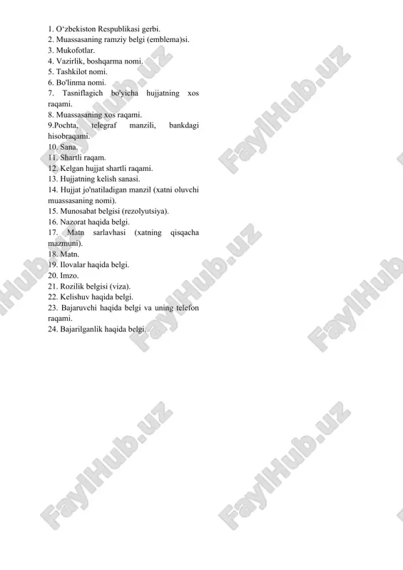 aqami. 9.pochta, telegraf manzili, bankdagi hisobraqami. 10. sana. 11. shartli raqam. 12. kelgan hujjat shartli raqami. 13. hujjatning kelish sanasi. 14. hujjat jo'natiladigan manzil (xatni oluvchi muassasaning nomi). 15. munosabat belgisi (rezolyutsiya). 16. nazorat haqida belgi. 17. matn sarlavhasi (xatning qisqacha mazmuni). 18. matn. 19. ilovalar haqida belgi. 20. imzo. 21. rozilik belgisi (viza). 22. kelishuv haqida belgi. 23. bajaruvchi haqida belgi va uning telefon raqami. 24. bajarilganlik haqida belgi. har qanday xizmat xati mantiqiy jihatdan o‘zaro bog‘liq bo‘lgan uch qismdan iborat bo‘ladi. xatning birinchi (kirish) qismida, odatda, xat bilan tegishli muassasaga murojaat qilishga majbur etuvchi asosiy sabab ko‘rsatiladi. ikkinchi qismida xatda qo‘yilayotgan masalani hal qilish zarurligi dalillar asosida bayon qilinadi. xatning uchinchi (xulosa) qismida esa xat yozishdan ko‘zlangan asosiy maqsad ifodalanadi. xizmat xatlari imkoni boricha qisqa bo‘lishi, biroq bu qisqalik uning aniq va ravshanligiga ta’sir etmasligi kerak. qoidaga ko‘ra, xizmat xatlari bir betdan oshmasligi lozim. faqat juda muhim masalalar …