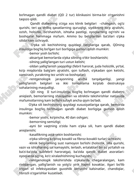 babi o‘pka sili bemorlarni kuzatish davrida qon va siydikdagi qand miqdoriini nazorat qilish imkoniyati yo‘qligidir. ana shular klinik belgilardan laboratoriyagacha bo‘lgan davrda, diagnoz qo‘yish uchun insulinga bog‘liq qandli diabet (qd 1 tur) va insulinga bog‘liq bo‘lmagan qandli diabet (qd 2 tur) klinikasini birma-bir o‘rganishni taqozo qildi. qandli diabetning o‘ziga xos klinik belgilari –chanqash, og‘iz qurishi, teri va shilliq qavatlarning quruqligi, siydikning ko‘p ajralishi, ozish, holsizlik, bo‘shashish, ishtaha pastligi, oyoqlarning og‘rishi va boshqalar hammaga ma’lum. ammo bu belgilardan ba’zilari o‘pka silida ham uchraydi. o‘pka sili kechishining quyidagi belgilariga qarab, qdning insulinga bog‘liq bo‘lgan turi borligiga gumon qilish mumkin: -bemor yosh bo‘lishi; -aksariyat bemorlarda o‘pka silining o‘tkir boshlanishi; -silning yallig‘langan turi ustun kelishi; -sildan yallig‘lanish yaqqolligi (febril harorat, juda holsizlik, yo‘tal, ko‘p miqdorida balg‘am ajratishi, qon tuflash, o‘pkadan qon ketishi, xansirash, yurakning tez urishi va boshqalar); -rentgenologik jarayonning ancha tarqalganligi, yangi yallig‘lanish belgilari va ikki tomonlama ko‘plab destruksiya sohalarining mavjudligi. qd ning …