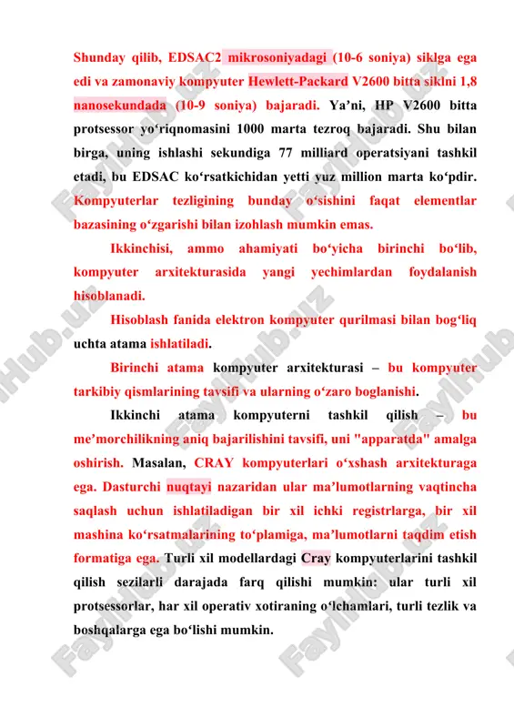 asi bilan bogʻliq uchta atama ishlatiladi. birinchi atama kompyuter arxitekturasi – bu kompyuter tarkibiy qismlarining tavsifi va ularning oʻzaro boglanishi. ikkinchi atama kompyuterni tashkil qilish – bu meʼmorchilikning aniq bajarilishini tavsifi, uni "apparatda" amalga oshirish. masalan, cray kompyuterlari oʻxshash arxitekturaga ega. dasturchi nuqtayi nazaridan ular maʼlumotlarning vaqtincha saqlash uchun ishlatiladigan bir xil ichki registrlarga, bir xil mashina koʻrsatmalarining toʻplamiga, maʼlumotlarni taqdim etish formatiga ega. turli xil modellardagi cray kompyuterlarini tashkil qilish sezilarli darajada farq qilishi mumkin: ular turli xil protsessorlar, har xil operativ xotiraning oʻlchamlari, turli tezlik va boshqalarga ega boʻlishi mumkin. uchinchi atama — bu kompyuter sxemasi, uning elektron tarkibiy qismlarining batafsil tavsifi, ularning ulanishlari, elektr taʼminoti, sovitish va boshqalar. dasturchi koʻpincha kompyuterning arxitekturasi, kamroq tashkil etilishi va kompyuter sxemasi haqida ko’p bilim talab qilmaydi. kompyuter arxitekturasidagi inqilob bir nechta harakatlarni bir vaqtning oʻzida (parallel) bajarish gʻoyasini oʻzida mujassam etgan maʼlumotlarni parallel ishlash prinsipi bilan amalga oshiriladi. parallel maʼlumotlarni …