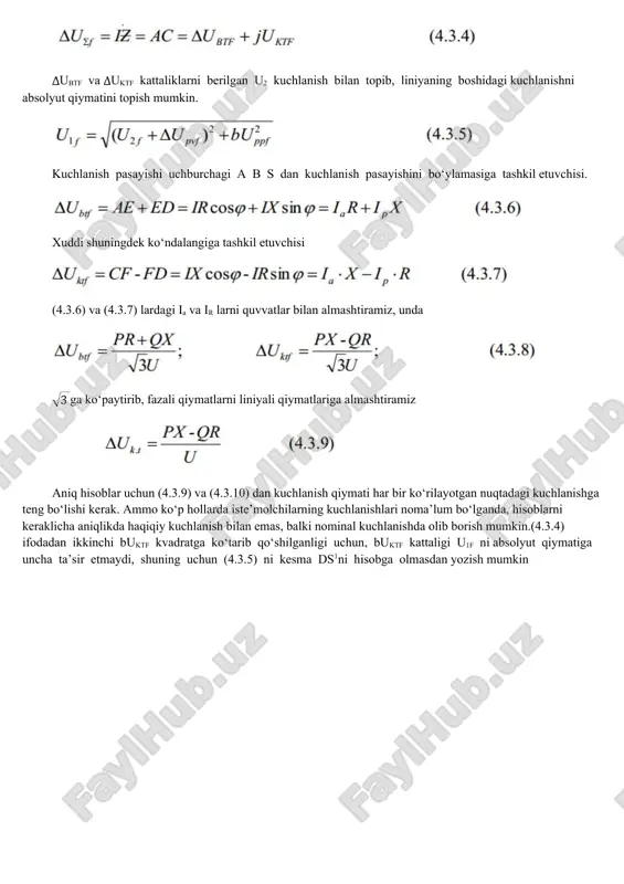 h mumkin.(4.3.4) ifodadan ikkinchi buktf kvadratga ko‘tarib qo‘shilganligi uchun, buktf kattaligi u1f ni absolyut qiymatiga uncha ta’sir etmaydi, shuning uchun (4.3.5) ni kesma ds1ni hisobga olmasdan yozish mumkin shunday qilib, kuchlanish yo‘qotilishini, bo‘ylamasiga kuchlanish pasayishini tashkil etuvchisiga tenglashtirish mumkin bir necha yuklamalar bo‘lganda kuchlanish yo‘qotilishi hisoblar yuklama quvvatlari yoki liniya quvvatlari bilan olib boriladi. birinchi holatda rn va xn yelkalari har bir yuklamadan ta’minlash punktigacha bo‘lgan to‘liq qarshiliklar, ikkinchisida liniyani har bir uchastkasidagi qarshilik. 4.3.3- rasmdan ko‘rinadiki va shunga tegishli yuklamalar quvvati bilan hisoblashganda liniya quvvatlari bilan hisoblanganda kesim yuzasi bir xil bo‘lganda hamda liniyaning butun uzunligi bo‘yicha simlar tayanchlarda bir xil joylashsa rqr0, xqx0, unda r0 va x0 qarshiliklarni yig‘ish belgisidan chiqarsak, hisoblash faqat uzunlik bo‘yicha olib boriladi, bu amaliy hisoblar uchun juda qulaydir. yuklama quvvatlari bo‘yicha liniya quvvatlari bo‘yicha bu yerda, birinchi bosqichda quvvat isrofini hisobga olmasak, ikkala usul bilan qilingan hisob, bir xil natijani beradi. liniyaning uzunligi …