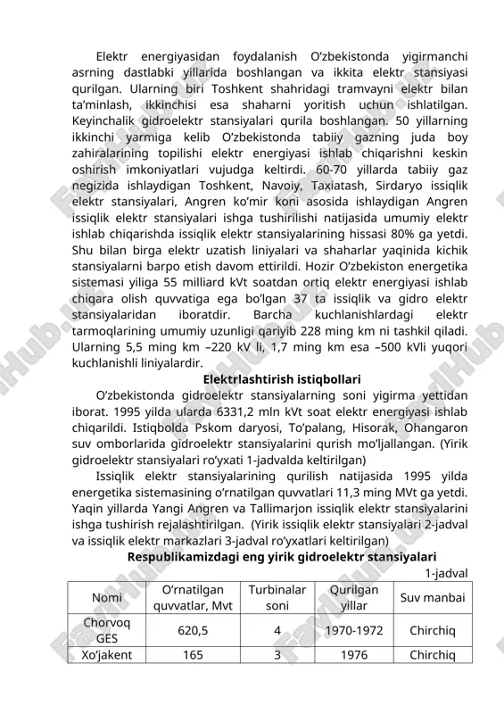 ir fan va texnikaning hamma sohalarida qo’llaniladigan lazerli elektronika ham juda tez rivojlanayapti. elektronika–elektron asboblarni tatqiq qilish, ishlab chiqish va ulardan foydalanish qoidalarini o‘z ichiga oluvchi fandir. elektronikaning elementlar bazasi mavjud bo‘lib, bular aktiv va passiv komponentlar hisoblanadi. aktiv komponentlarga elektron lampalar va yarim o‘tkazgichli detallar, passiv komponentlarga rezistorlar, kondensatorlar, transformatorlar, induktiv g‘altaklar va boshqalar kiradi. aktiv va passiv komponentlar yordamida to‘g‘rilagichlar, kuchaytirgichlar, generatorlar, triggerlar, hisoblagichlar va boshqa qurilmalar tayyorlanadi. o’zbekistonda elektr energiyasi ishlab chiqarishning holati. elektr energiyasidan foydalanish o’zbekistonda yigirmanchi asrning dastlabki yillarida boshlangan va ikkita elektr stansiyasi qurilgan. ularning biri toshkent shahridagi tramvayni elektr bilan ta’minlash, ikkinchisi esa shaharni yoritish uchun ishlatilgan. keyinchalik gidroelektr stansiyalari qurila boshlangan. 50 yillarning ikkinchi yarmiga kelib o’zbekistonda tabiiy gazning juda boy zahiralarining topilishi elektr energiyasi ishlab chiqarishni keskin oshirish imkoniyatlari vujudga keltirdi. 60-70 yillarda tabiiy gaz negizida ishlaydigan toshkent, navoiy, taxiatash, sirdaryo issiqlik elektr stansiyalari, angren ko’mir koni asosida ishlaydigan angren issiqlik …