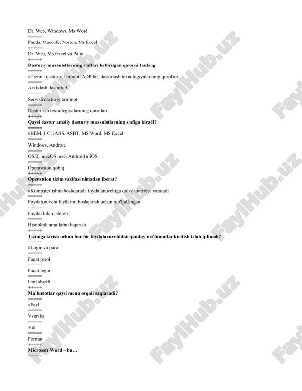 dr. web, ms excel va paint 7. dasturiy maxsulotlarning sinflari keltirilgan qatorni tanlang a. tizimli dasturiy ta'minot, adp lar, dasturlash texnologiyalarining qurollari b. arxivlash dasturlari c. servisli dasturiy ta'minot d. dasturlash texnologiyalarining qurollari 8. qaysi dastur amaliy dasturiy maxsulotlarning sinfiga kiradi? a. windows, android b. os/2, macos, veb, android i ios. c. bem, 1 c, iabs, asbt, ms word, ms excel d. operastsion qobiq 9. operatsion tizim vazifasi nimadan iborat? a. komputer ishini boshqaradi, foydalanuvchiga qulay interfeys yaratadi b. foydalanuvchi fayllarini boshqarish uchun mo'ljallangan c. fayllar bilan ishlash d. hisoblash amallarini bajarish 10.tizimga kirish uchun har bir foydalanuvchidan qanday ma'lumotlar kiritish talab qilinadi? a. login va parol b. faqat parol c. faqat login d. ismi sharifi 11.ma'lumotlar qaysi menu orqali saqlanadi? a. vstavka b. vid c. fayl d. format 12.microsoft word – bu… a. jadval muxarrir b. grafik muxarrir c. matn muxarriri d. taqdimot muxarriri 13.wordda yangi hujjat ochish uchun …