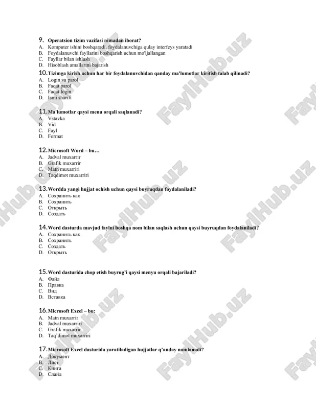 dr. web, ms excel va paint 7. dasturiy maxsulotlarning sinflari keltirilgan qatorni tanlang a. tizimli dasturiy ta'minot, adp lar, dasturlash texnologiyalarining qurollari b. arxivlash dasturlari c. servisli dasturiy ta'minot d. dasturlash texnologiyalarining qurollari 8. qaysi dastur amaliy dasturiy maxsulotlarning sinfiga kiradi? a. windows, android b. os/2, macos, veb, android i ios. c. bem, 1 c, iabs, asbt, ms word, ms excel d. operastsion qobiq 9. operatsion tizim vazifasi nimadan iborat? a. komputer ishini boshqaradi, foydalanuvchiga qulay interfeys yaratadi b. foydalanuvchi fayllarini boshqarish uchun mo'ljallangan c. fayllar bilan ishlash d. hisoblash amallarini bajarish 10. tizimga kirish uchun har bir foydalanuvchidan qanday ma'lumotlar kiritish talab qilinadi? a. login va parol b. faqat parol c. faqat login d. ismi sharifi 11. ma'lumotlar qaysi menu orqali saqlanadi? a. vstavka b. vid c. fayl d. format 12. microsoft word – bu… a. jadval muxarrir b. grafik muxarrir c. matn muxarriri d. taqdimot muxarriri 13. wordda …