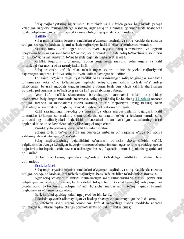 bu majburiyatning garovga qo‘yilgan mol-mulk qiymati hisobidan bajarilishini fuqarolik to‘g‘risidagi qonunchilikda belgilangan tartibda amalga oshiradi. fuqarolik qonunchiligiga muvofiq o‘ziga nisbatan garov belgilanishi mumkin bo‘lgan mol-mulk, agar ushbu moddada boshqacha qoida belgilanmagan bo‘lsa, garov predmeti bo‘lishi mumkin. boshqa shartnoma bo‘yicha garov predmeti soliq organi va garovga qo‘yuvchi o‘rtasidagi shartnoma bo‘yicha garov predmeti bo‘lishi mumkin emas. garov chog‘ida mol-mulk garovga qo‘yuvchida qolishi yoxud garovga qo‘yuvchining mablag‘lari hisobiga soliq organiga (garovga oluvchiga), garovga qo‘yilgan mol-mulkning but saqlanishini ta’minlash majburiyati unga yuklangan holda, topshirilishi mumkin. garovga qo‘yilgan mol-mulkka nisbatan biron-bir bitimni, shu jumladan soliq qarzi summalarini uzish maqsadida bitimlarni tuzish faqat garovga oluvchi bilan kelishilgan holda amalga oshirilishi mumkin. soliq majburiyatining bajarilishini ta’minlash usuli sifatida garov belgilashda yuzaga keladigan huquqiy munosabatlarga nisbatan, agar soliq to‘g‘risidagi qonunchilikda boshqacha qoida belgilanmagan bo‘lsa, fuqarolik qonunchiligining qoidalari qo‘llaniladi. kafillik soliq majburiyatini bajarish muddatlari o‘zgargan taqdirda va soliq kodeksida nazarda tutilgan boshqa hollarda soliqlarni to‘lash majburiyati kafillik bilan ta’minlanishi …