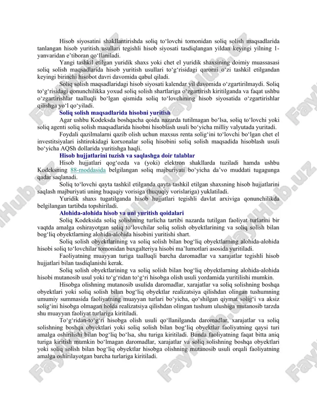 ida alohida-alohida hisob yuritish tartibi, agar bunday hisob yuritish majburiyati ushbu kodeksda nazarda tutilgan bo‘lsa; 4) soliq to‘lovchi tomonidan foyda solig‘ini hisoblab chiqarish maqsadida sarflarni xarajatlar sirasiga kiritish, shuningdek qo‘shilgan qiymat solig‘ini hisobga olishning tanlangan usullari; 5) xedjirlanadigan tavakkalchiliklarni, xedjirlanadigan moddalarni va ularga nisbatan qo‘llaniladigan xedjirlash vositalarini aniqlash siyosati, xedjirlash operatsiyalari, shuningdek boshqa moliyaviy tavakkalchiliklar amalga oshirilgan taqdirda xedjirlash samaradorligi darajasini baholash uslubiyati; 6) aktivlarning har bir guruhi va kichik guruhi bo‘yicha amortizatsiya normalari (hisoblash usullari). soliq solish maqsadlarida hisob siyosatini o‘zgartirish va (yoki) unga qo‘shimchalar kiritish soliq to‘lovchi tomonidan quyidagi usullardan biri yordamida amalga oshiriladi: 1) buxgalteriya hisobi to‘g‘risidagi qonunchilikka muvofiq ishlab chiqilgan yangi hisob siyosatini yoki uning yangi bo‘limini tasdiqlash; 2) buxgalteriya hisobi to‘g‘risidagi qonunchilikka muvofiq ishlab chiqilgan amaldagi hisob siyosatiga yoki amaldagi hisob siyosatining bo‘limiga o‘zgartirish va (yoki) qo‘shimchalar kiritish. javascript:scrolltext(-4676957) hisob siyosatini shakllantirishda soliq to‘lovchi tomonidan soliq solish maqsadlarida tanlangan hisob yuritish usullari tegishli hisob siyosati …