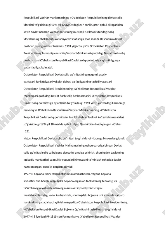 lmasi sifatidagi soliq idoralarining shakllanishi va faoliyat ko’rsatishiga asos solindi. respublika davlat boshqaruvining mazkur tuzilmasi 1994 yilgacha, ya’ni o’zbekiston respublikasi prezidentining farmoniga muvofiq vazirlar mahkamasi qoshidagi davlat bosh soliq boshqarmasi o’zbekiston respublikasi davlat soliq qo’mitasiga aylantirilgunga qadar faoliyat ko’rsatdi. o’zbekiston respublikasi davlat soliq qo’mitasining maqomi, asosiy vazifalari, funkktsiyalari vakolat doirasi va faoliyatining tashkiliy asoslari o’zbekiston respublikasi prezidentining «o’zbekiston respublikasi vazirlar mahkamasi qoshidagi davlat bosh soliq boshqarmasini o’zbekiston respublikasi davlat soliq qo’mitasiga aylantirish to’g’risida»gi 1994 yil 18 yanvardagi farmoniga muvofiq va o’zbekiston respublikasi vazirlar mahkamasining «o’zbekiston respublikasi davlat soliq qo’mitasini tashkil etish va faoliyat ko’rsatishi masalalari to’g’risida»gi 1994 yil 18 martda qabul qilgan qarori bilan tasdiqlangan «o’zbe- 121 kiston respublikasi davlat soliq qo’mitasi to’g’risida»gi nizomga binoan belgilandi. o’zbekiston respublikasi vazirlar mahkamasining ushbu qaroriga binoan davlat soliq qo’mitasi soliq va bojxona siyosatini amalga oshirish, shuningdek davlatning iqtisodiy manfaatlari va mulkiy xuquqlari himoyasini ta’minlash sohasida davlat nazorati organi ekanligi belgilab qo’yildi. 1997 yil …