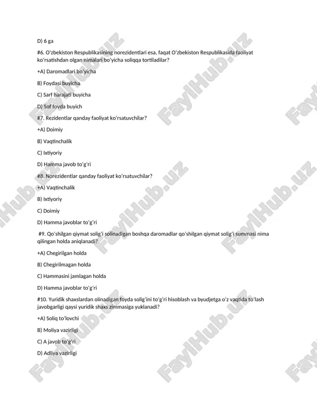 asi buyicha c) sarf harajati buyicha d) sof foyda buyich #7. rezidentlar qanday faoliyat ko‘rsatuvchilar? +a) doimiy b) vaqtinchalik c) ixtiyoriy d) hamma javob toʻgʻri #8. norezidentlar qanday faoliyat koʻrsatuvchilar? +a) vaqtinchalik b) ixtiyoriy c) doimiy d) hamma javoblar toʻgʻri #9. qo‘shilgan qiymat solig‘i solinadigan boshqa daromadlar qo‘shilgan qiymat solig‘i summasi nima qilingan holda aniqlanadi? +a) chegirilgan holda b) chegirilmagan holda c) hammasini jamlagan holda d) hamma javoblar toʻgʻri #10. yuridik shaxslardan olinadigan foyda solig‘ini to‘g‘ri hisoblash va byudjetga o‘z vaqtida to‘lash javobgarligi qaysi yuridik shaxs zimmasiga yuklanadi? +a) soliq toʻlovchi b) moliya vazirligi c) a javob toʻgʻri d) adliya vazirligi #11. yuridik shaxslar foyda solig‘i to‘lovchilari bo‘lishi uchun quyidagi shartlarga javob berishi kerak: +a)o‘zining mol-mulkiga ega bo‘lishi; mustaqil tugallangan buxgalteriya balansiga ega bo‘lishi; bankda hisob-raqamiga ega bo‘lishi b )litsenziya olgan bo’lishi c) yer va mol mulk solig’ini to’lagan bo’lishi d) soliq bazasiga ega bo’lishi #12. aksiz solig‘i qo‘shilgan qiymat …