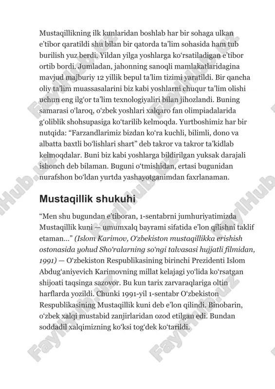 upasiga ko‘tarilib kelmoqda. yurtboshimiz har bir nutqida: “farzandlarimiz bizdan ko‘ra kuchli, bilimli, dono va albatta baxtli bo‘lishlari shart” deb takror va takror ta’kidlab kelmoqdalar. buni biz kabi yoshlarga bildirilgan yuksak darajali ishonch deb bilaman. buguni o‘tmishidan, ertasi bugunidan nurafshon bo‘ldan yurtda yashayotganimdan faxrlanaman. mustaqillik shukuhi “men shu bugundan e’tiboran, 1-sentabrni jumhuriyatimizda mustaqillik kuni — umumxalq bayrami sifatida e’lon qilishni taklif etaman…” (islom karimov, o‘zbekiston mustaqillikka erishish ostonasida yohud sho‘ralarning so‘ngi talvasasi hujjatli filmidan, 1991) — o‘zbekiston respublikasining birinchi prezidenti islom abdug‘aniyevich karimovning millat kelajagi yo‘lida ko‘rsatgan shijoati taqsinga sazovor. bu kun tarix zarvaraqlariga oltin harflarda yozildi. chunki 1991-yil 1-sentabr o‘zbekiston respublikasining mustaqillik kuni deb e’lon qilindi. binobarin, o‘zbek xalqi mustabid zanjirlaridan ozod etilgan edi. bundan soddadil xalqimizning ko‘ksi tog‘dek ko‘tarildi. mustabid tuzum davrida xizmat ko‘rsatgan ko‘plab korxona va tashkilotlar sobiq sho‘ro hukumatiga qarashli bo‘lib, mustaqillik e’lon qilingach, bu korxonalar birin-ketin ko‘ch-ko‘ronlarini yig‘ishtirib ortlariga qaytib ketishgan edi. natijada asosiy tirikchiligi dehqonchilik …