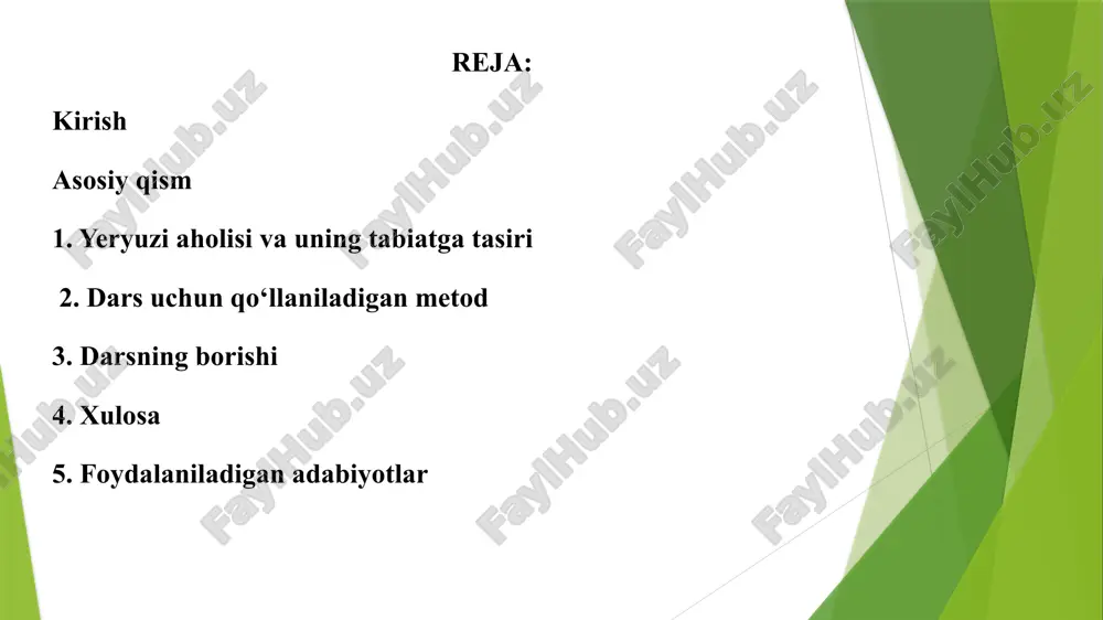 ati natijasida yuzaga keladigan ekologik muammolarni aniqlash. ekologik muammolarni hal qilish bo‘yicha amaliy takliflar ishlab chiqish. interfaol metodlar yordamida bilimni mustahkamlash va amaliy ko‘nikmalarni oshirish. darsning asosiy metod va usullari: interfaol metod: savol-javob, guruh ishlari, rol o‘yinlari, mind mapping. vizual usullar: diagramma, infografika, fotosuratlar. kutilayotgan natija: o‘quvchilar mavzuni tushunadi, ekologik muammolarni aniqlay oladi va ularni kamaytirish bo‘yicha amaliy takliflar ishlab chiqadi. shu bilan birga, ular interfaol metod yordamida fikrlash va guruhda ishlash ko‘nikmalarini rivojlantiradi. yer yuzi aholisi va uning tabiatga tasiri yer yuzidagi aholi soni doimiy ravishda ortib bormoqda. aholining o‘sishi bilan birga inson faoliyati tabiiy muhitga ham keng ta’sir ko‘rsatadi. insonlar yashash, oziq-ovqat, energiya va boshqa resurslarga bo‘lgan ehtiyojlarini qondirish jarayonida tuproq, suv va havoga ta’sir qiladi. shu bilan birga, tabiiy muhitning biologik xilma-xilligi kamayadi va ekologik muvozanat buziladi. inson faoliyati tabiiy muhitga turli yo‘llar bilan ta’sir qiladi. sanoat korxonalari va fabrikalar chiqindi suv, gaz va boshqa ifloslantiruvchi moddalarni …