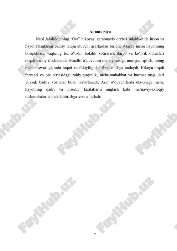 ham mehr-muhabbat va izzat-hurmatning naqadar muhimligini anglaydi. “ota” hikoyasi orqali biz ota-onaga mehr ko‘rsatish, ularning hayotiy tajribasidan ibrat olish, insoniy qadriyatlarni anglashga da’vat etilamiz. asar nafaqat badiiy-estetik zavq bag‘ishlaydi, balki yosh avlodni o‘z ildizini tanishga, ota siymosida jamlangan buyuk ma’naviy merosni qadrlashga chorlaydi dars mavzusi: nabi jaloliddin “ota” hikoyasini “tushunchalar piramidasi”usulidan foydalanib o‘qitishning imkoniyatlari umumiy maqsad: nabi jaloliddinning “ota” hikoyasi orqali o‘quvchilarda ota siymosining badiiy talqinini anglash, ota-onaga hurmat va insoniy qadriyatlarga sadoqat ruhini shakllantirish. ta’limiy maqsad (tushunchalar piramidasi metodiga asoslanib): · hikoyani umumiy mazmunidan boshlab asosiy g‘oya va xulosagacha bosqichma-bosqich tushunish. · piramida asosida ota siymosi, vaqt, xotira va mehnat obrazlarini ajratib olish. tarbiyaviy maqsad (munozara metodiga asoslanib): · “ota siymosi nima uchun farzand uchun buyuk maktabdir?” kabi savollar asosida o‘z fikrini asoslashga o‘rgatish. · ota-onaga mehr, hurmat va minnatdorlik tuyg‘ularini tarbiyalash. rivojlantiruvchi maqsad (amaliy tahlil metodi orqali): · badiiy matndan ramziy obrazlarni topish, ularni ijodiy talqin qilish. · …