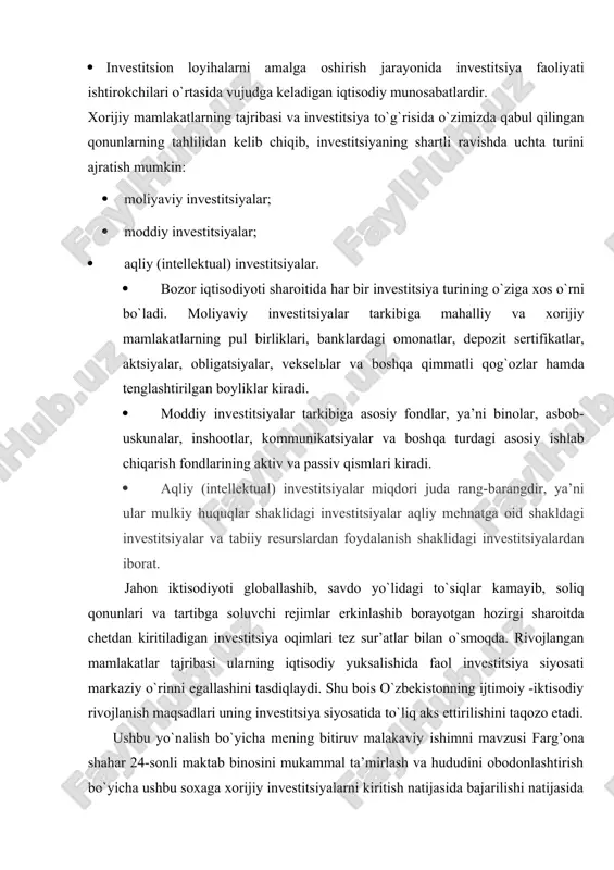 iya sifatida investitsiya quyidagicha tasniflanadi: · birlamchi (avaylangan) jamg`arilgan kapitalni ko`paytirish maqsadida kapitalni tadbirkorlik ob’yektlariga joylashtirish; · investitsion loyihalarni amalga oshirish jarayonida investitsiya faoliyati ishtirokchilari o`rtasida vujudga keladigan iqtisodiy munosabatlardir. xorijiy mamlakatlarning tajribasi va investitsiya to`g`risida o`zimizda qabul qilingan qonunlarning tahlilidan kelib chiqib, investitsiyaning shartli ravishda uchta turini ajratish mumkin: · moliyaviy investitsiyalar; · moddiy investitsiyalar; · aqliy (intellektual) investitsiyalar. · bozor iqtisodiyoti sharoitida har bir investitsiya turining o`ziga xos o`rni bo`ladi. moliyaviy investitsiyalar tarkibiga mahalliy va xorijiy mamlakatlarning pul birliklari, banklardagi omonatlar, depozit sertifikatlar, aktsiyalar, obligatsiyalar, veksellar va boshqa qimmatli qog`ozlar hamda tenglashtirilgan boyliklar kiradi. · moddiy investitsiyalar tarkibiga asosiy fondlar, ya’ni binolar, asbob-uskunalar, inshootlar, kommunikatsiyalar va boshqa turdagi asosiy ishlab chiqarish fondlarining aktiv va passiv qismlari kiradi. · aqliy (intellektual) investitsiyalar miqdori juda rang-barangdir, ya’ni ular mulkiy huquqlar shaklidagi investitsiyalar aqliy mehnatga oid shakldagi investitsiyalar va tabiiy resurslardan foydalanish shaklidagi investitsiyalardan iborat. jahon iktisodiyoti globallashib, savdo yo`lidagi to`siqlar …