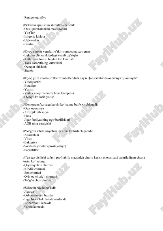 lebografiya -tugun punksiyasi -termografiya -yutalganda qon oqimini orqaga xarakatini auskultasiya va palpasiya bilan aniqlash -rentgenografiya #sekretin ajralishini stimullovchi omil: -oksil parchalanishi maksulotlari -yog’lar -ishqoriy kislota -uglevodlar -insulin #oyoq chukur venalari o’tkir tromboziga xos emas: -lukillovchi xarakterdagi kuchli og’riqlar -katta vena tomiri buylab teri kizarishi -tana xaroratining kutarilishi -oyoqlar shishishi -sianoz #oyoq yuza venalar o’tkir tromboflebitida qaysi qonservativ davo tavsiya qilinmaydi? -yotoq tartibi -butadion -yurish -vishnevskiy malxami bilan kompress -oyoqni ko’tarib yotish #gemotransfuziyaga karshi ko’rsatma bulib xisoblanadi: -ogir operasiya -xirurgik infeksiya -shok -jigar faoliyatining ogir buzilishlari -aqb ning pasayishi #yo’g’on ichak amyobiazini nima keltirib chiqaradi? -anaeroblar -virus -bakteriya -sodda hayvonlar (prosteyshiye) -saprofitlar #tez-tez qisilishi tufayli profilaktik maqsadda churra kesish operasiyasi bajariladigan churra turini ko’rsating: -qiyshiq chov churrasi -kindik churrasi -son churrasi -qrin oq chizig’i churrasi -to’g’ri chov churrasi #sekretin paydo bo’ladi: -jigarda -oshqozon osti bezida -ingichka ichak distal qismlarida -12 barmoqli ichakda -gipotalamusda #12 barmoqli ichak va oshqozon yara kasalligida yarani …