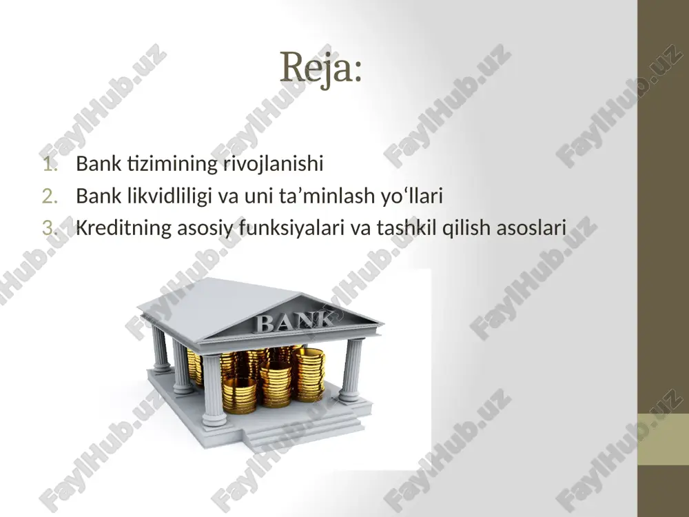 onlarini olib borgan. uchinchi bosqich 1959 yildan 1988 yilgacha bo‘lgan davrni o‘z ichiga oladi. bu davrda mavjud tarmoq banklari qayta tashkil qilinib, mamlakatdagi barcha kredit munosabatlarini olib borish maqsadida uchta bank tashkil qilindi. bular: davlat banki, qurilish banki, tashqi savdo banki bo‘lgan. davlat banki iqtisodiyotning barcha sohalariga faqat qishloq xo‘jaligining ba’zi ehtiyojlari uchun uzoq muddatli kreditlar berilgan) qisqa muddatli kreditlar berish bilan shug‘ullangan. qurilish banki kapital qo‘yilmalar bilan bog‘liq bo‘lgan xarajatlarni, qurilishni moliyalashtirish, uzoq muddatli kreditlar berish bilan bog‘liq operatsiyalarni bajargan. tashqi savdo banki moskvada joylashgan bo‘lib, mamlakatning eksport-import bilan bog‘liq faoliyatini boshqarib borgan. to‘rtinchi bosqich bank tizimini qayta tashkil qilish davri bo‘lib, u 1988 yildan 1990 yilgacha bo‘lgan davrni o‘z ichiga olgan. bu davrda bank tizimida katta o‘zgarishlar ro‘y berdi va davlat banki bilan bir qatorda maxsus tarmoq banklari tashkil qilindi. bu banklar jumlasiga, sanoat qurilish banki, agrosanoat banki, uy-joy qurilish va ijtimoiy ta’minot banki, jamg‘arma bank va tashqi …