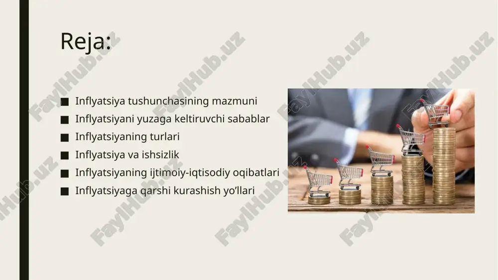 ’rtasidagi nomutanosibliklardan iboratdir. inflyatsiyani yuzaga keltiruvchi omillarga qarab uning sabablarini ichki va tashqi sabablarga bo’lish mumkin. inflyatsiyaning ichki omillariga davlat moliyasining inqirozi, budjetning taqchilligini mavjudligi, davlat qarzdorligini ortishi, pul emissiyasi, kredit dastaklarining aylanishini ko’payishi, pul aylanmasining tezligi xizmat ko'rsatish sohalarida monopoliyaning mavjudligini misol qilishimiz mumkin. inflyatsiyaning tashqi omillariga jahon iqtisodida bo’lgan krizislar, (xom-ashyo, yoqilg`i, valyuta bo`yicha) davlatning valyuta siyosati, davlatning boshqa davlatlar bilan tashqi iqtisodiy faoliyati, oltin va valyuta zaxiralari bilan bo’ladigan noqonuniy operatsiyalar va boshqalar bo’lishi mumkin. inflyatsiyaning asosiy ko‘rsatkichi bo‘lib iste’mol baholari (narxlari) indeksining ma’lum bir davrdagi o‘zgarishi hisoblanadi. iste’mol narxlari indeksi – uy-xo‘jaliklari talabidan kelib chiqib, ma’lum bir tovar va xizmatlar umumiy narxlarining o‘rtacha o‘zgarish darajasini aks ettiradi. ushbu umumiy ko‘rsatkich iste’mol savatidagi har bir tovar va xizmat uchun narxlarning o‘zgarishini inobatga olgan holda hisoblanadi. iste’mol savati - bu shaxs yoki oilaning iste’mol darajasi va tuzilishini tavsiflovchi mahsulotlar va xizmatlar to’plami. inflyatsiya baho indekslari - deflyator va …