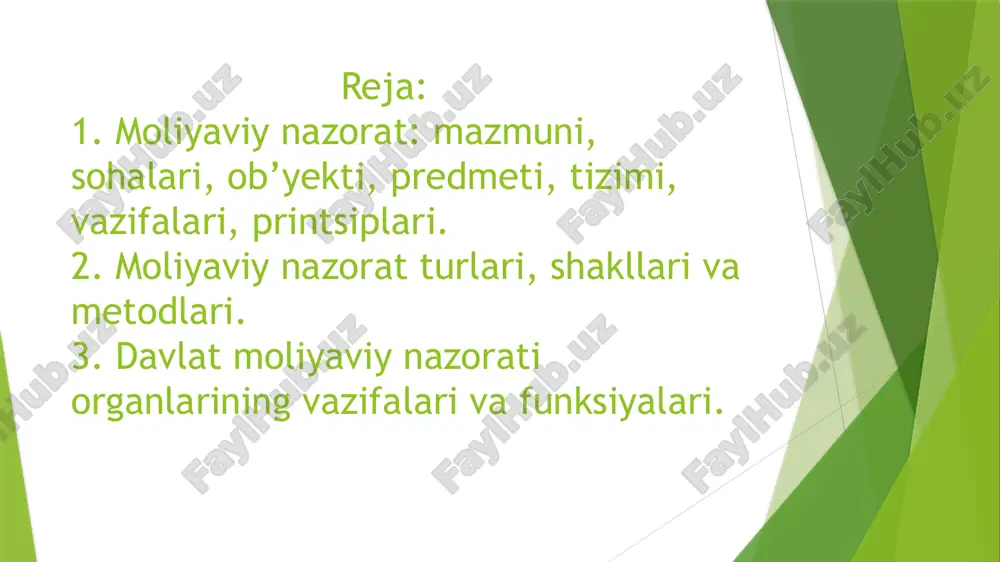 oldidagi moliyaviy majburiyat-larning bajarilishini tekshirish;  byudjetdan mablag’ oluvchilarni byudjet mablag’la-ridan maqsadli foydalanishni tekshirish;  korxonalar, muassasalar, tashkilotlarning moliyaviy faoliyatini tekshirish;  sub’yektlar tomonidan naqd pul hisob-kitoblari va kassa operatsiyalarini amalga oshirish qoidalariga amal qishlinishini tekshirish;  valyuta va valyuta operatsiyalarni o’tkazish qoidalariga rioya etilishini ta’minlash. moliyaviy nazorat, bir tomondan, o’zaro ta’sirchan va ikkinchi tomondan, mustaqil bo’lgan ikki sohaga bo’linadi:  davlat moliyaviy nazorati;  nodavlat moliyaviy nazorati. davlat moliyaviy nazorati bu davlatning asosiy qonunlariga tayanadigan va hokimiyat hamda boshqaruv konkret organlari iqtisodiy-huquqiy harakatining kom-pleksli va maqsadga yo’naltirilgan tizimidir. davlat moliyaviy nazoratning ahamiyati va o’rnini ob’yektiv baholansh uchun uni ikki jihatdan ko’rib chiqish kerak: tor va keng ma’noda. keng ma’noda davlat moliyaviy nazorati - samarali davlat moliya siyosatini amalga oshirish uchun mamlakat iqtisodiy xavfsizligini ta’minlash va davlat moliyaviy jarayonida davlat manfaatlarga rioya etilishini ta’min-laydigan tartibga solish chora- tadbirlarining yig’indi-sidir. moliyaviy nazoratni amalga oshiruvchi sub’yektlarga ko’ra uning quyidagi turlari mavjud:  …