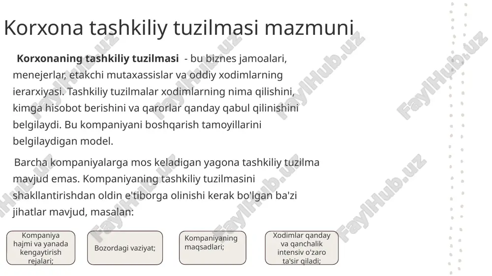 loqa- tizimi tashkiliy tuzilmaning bir darajali kelishuvga asoslanadigan xususiyatga ega elementidir. vertikal aloqa xususiyatga ega elementidir. - tizimi tashkiliy tuzilmaning bir necha darajali buysunuv korxonaning tashkiliy tuzilmasini qurish tamoyillari korxonaning tashkiliy tuzilmasini qurish tamoyillari ularning turi va faoliyatidan qat'i nazar, barcha tashkilotlar uchun umumiy bo'ladigan ba'zi printsiplar mavjud. ushbu tamoyillar kuchli va samarali tashkiliy tuzilmani yaratish uchun asos bo'lib xizmat qiladi. korxona tashkiliy tuzilma tamoyillari maqsad birligi. maqsadlar birligi printsipi tashkilotning har bir qismi va umuman korxonaning asosiy maqsadlariga erishishga yo'naltirilgan bo'lishi kerakligini anglatadi. tashkiliy tuzilma kompaniyani yaratishning dastlabki bosqichlarida aniq belgilanishi kerak bo'lgan ushbu maqsadlarga erishish uchun vosita bo'lib xizmat qiladi. mehnat taqsimoti va mutaxassislik. mehnat taqsimoti ixtisoslashuvga olib keladi. har bir bo'lim o'zining maxsus funktsiyalarini bajarishi kerak. bu tashkilotning umumiy samaradorligi va sifatini oshiradi. u o'z qo'l ostidagilarga vakolat va mas'uliyatni topshiradi. vakolatlarni topshirish. har qanday tashkilotda, ayniqsa yirik tashkilotda vakolatlar to'g'ri taqsimlanishi kerak. har bir shaxsga o'ziga …
