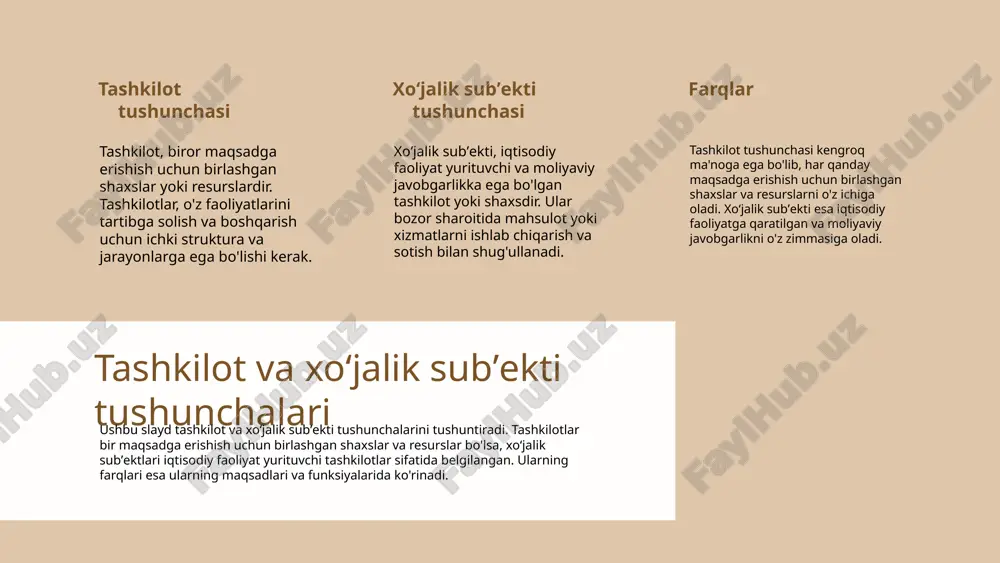 al qilishda muhim rol o'ynaydi. tashkilotning asosiy xususiyatlari tashkilotning asosiy xususiyatlari uning samaradorligini, maqsadlariga erishishini va resurslardan to'g'ri foydalanishini ta'minlaydi. ushbu xususiyatlar biznes sub'ektining ichki va tashqi muhitida muvaffaqiyatli faoliyat yuritishiga yordam beradi. xoʻjalik subʼektining turlari tur 1: yakkaxon tadbirkorlik yakkaxon tadbirkorlik – bu bir shaxs tomonidan amalga oshiriladigan iqtisodiy faoliyatdir. bu turdagi tadbirkorlar o'zlarining bizneslarini boshqaradi va qarorlar qabul qiladi, shuningdek, barcha foyda va zararlarni o'z zimmalariga olishadi. tur 2: jamiyatlar jamiyatlar – bu bir yoki bir nechta shaxslar tomonidan tashkil etilgan, ma'lum bir maqsadga erishish uchun birlashgan iqtisodiy sub'ektlardir. ular o'zaro manfaatlar asosida faoliyat yuritadi va ko'pincha ko'p sonli aktsiyadorlarga ega bo'ladi. photo by daniel korpai on unsplash photo by lala azizli on unsplash o'zaro aloqalar turlari tashkilot va xoʻjalik subʼekti o'rtasidagi birinchi o'zaro aloqa resurslar almashinuvidir. bu aloqa tashkilotning samaradorligini oshirish uchun zarur bo'lgan moliyaviy, insoniy va moddiy resurslarni bir-biriga taqdim etishdan iborat. ikkinchi aloqa esa bozor …