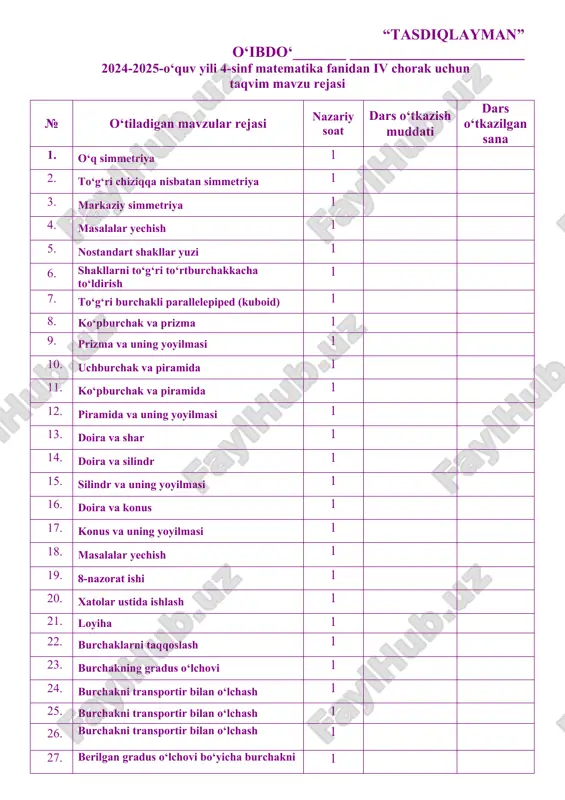 ga o‘rgatish. b) tarbiyaviy maqsad- doiraviy diagrammalar yasashni va ma’lumotlarni taqdim qilishda ulardan foydalanishni o‘rgatish. turli kasbdagi, ilm-fanning turli sohalaridagi odamlar matematik qonunlardan, geometrik obyektlardan qanday foydalanishi haqida tushuncha berish.. d) rivojlantiruvchi maqsad- o‘quvchilarni mustaqil fikrlashga undash, tog‘ri va aniq hisoblash malakasini rivojlantirish, matematik topshiriqlarni bajarish orqali o‘quvchilarning mantiqiy fikrlash qobiliyatlarini rivojlantirish. o‘quvchilarda shakllantiriladigan tayanch kompetensiya elementlari: kommunikativ kompetensiya: o‘rganilgan atamalarning ma’nosini tushunib, to‘g‘ri o‘qiy olish, so‘z va gaplarni bog‘lagan holda o‘z fikrini aniq va ravshan ifodalay olish, fikrni mantiqiy izchillikda ifodalay olish; matematikaga oid audio matnni tinglab, videotasvirlarni ko‘rib tushunish, tegishli munosabat bildira olish; matematik matn ma’nosini qayta so‘zlab bera olish, matematik qoidalarni yoddan ifodali ayta olish. o‘zini o‘zi rivojlantirish kompetensiyasi: o‘qituvchi bilan birgalikda o‘quv masalasini (maqsadini) topa olish va ifodalay olish; o‘qituvchi bilan birgalikda o‘quv masalasini qismlarga ajrata olish; o‘qituvchi bilan birgalikda masala yechimiga yaqinlashish darajasini baholay olish va zarur hollarda o‘z faoliyatini to‘g‘irlay qila olish; o‘qituvchi bilan …