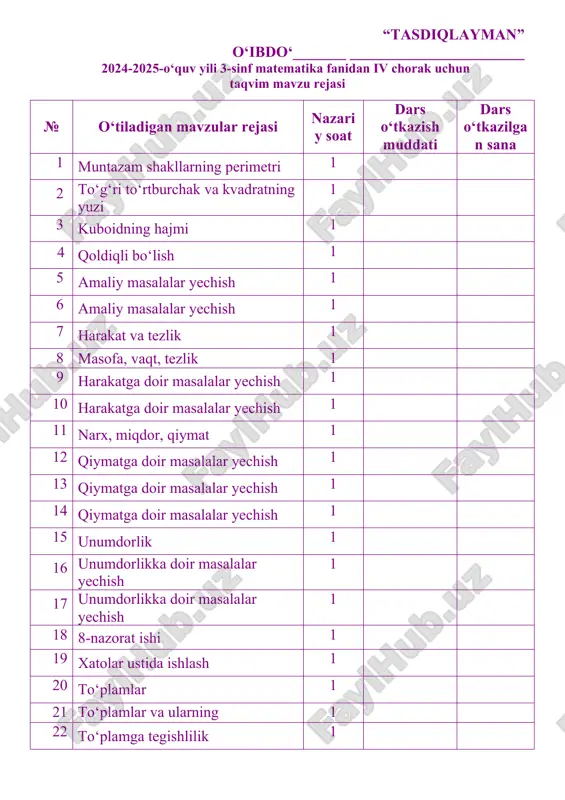 xnologiyalardan foydalanganda bilimlarni qanday qo‘llashni o‘rgatish, mumtoz va zamonaviy san’at turlari bilan tanishtirish. d) rivojlantiruvchi maqsad- turli murakkab shakllarning perimetrini, maydonini topishni o‘rgatish. turli kasblarni eslatib, matematika ularga qanday yordam berishini tushuntirish. o‘quvchilarda shakllantiriladigan tayanch kompetensiya elementlari: kommunikativ kompetensiya: o‘rganilgan atamalarning ma’nosini tushunib, to‘g‘ri o‘qiy olish; so‘z va gaplarni bog‘lagan holda o‘z fikrini aniq va ravshan ifodalay olish; sodda fikrlarni mantiqiy izchillikda ifodalay olish; matematikaga oid audiomatnni tinglab, videotasvirlarni ko‘rib tushunish, tegishli munosabat bildira olish; matematik matn ma’nosini qayta so‘zlab bera olish, matematik qoidalarni yoddan ifodali ayta olish. matematik savodxonlik, fan va texnika yangiliklaridan xabardor bo‘lish hamda foydalanish kompetensiyasi: aniq hisob-kitoblarga asoslangan holda shaxsiy rejalarni tuza oladi; kundalik faoliyatida turli diagramma, chizma va modellarni o‘qiy oladi; murakkab bo‘lmagan hisoblashlarda, o‘rganilgan tenglamani yechishda, o‘rganilgan turdagi yassi va fazoviy geometrik figuralarni tasvirlashda hisoblash va axborot-texnologiyalar vositalardan foydalana oladi. dars turi: yangi bilim beruvchi. dars usuli: suhbat, tushuntirish, ko‘nikma va malakalarini shakllantirish, savol-javob, …