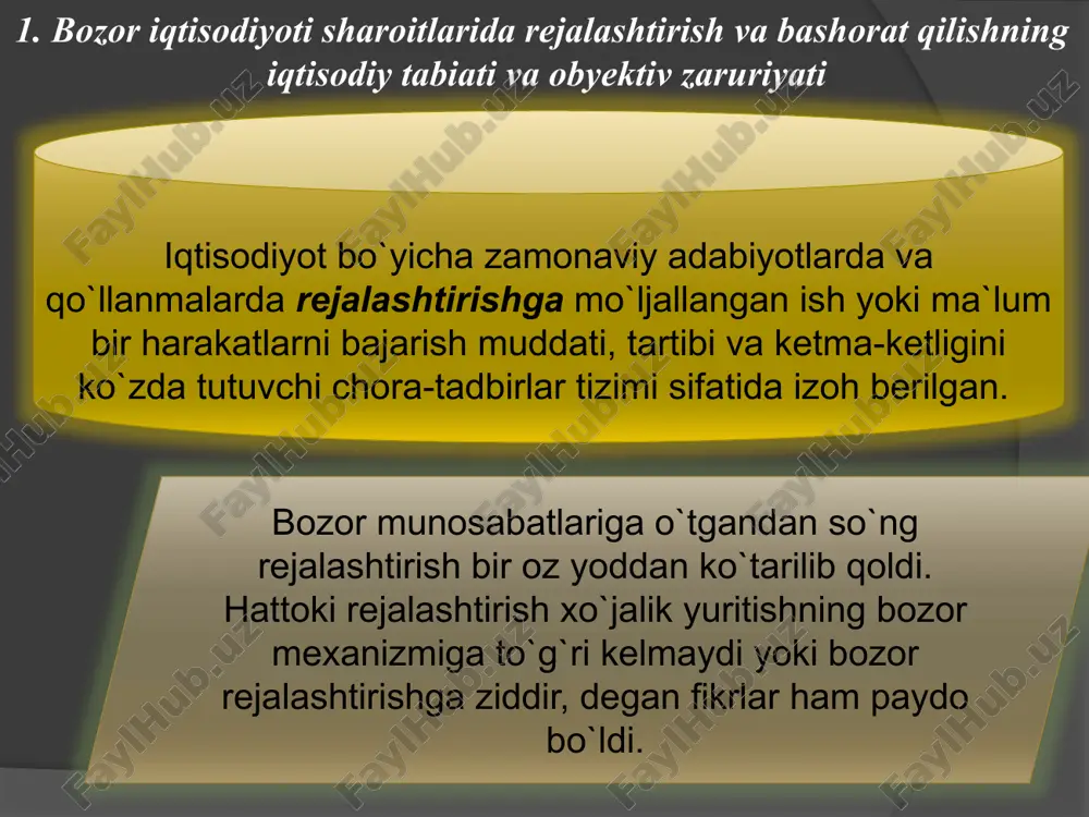 ni ko`zda tutadi. korxonalar faoliyati va iqtisodiyotda rejalashtirishdan tashqari bashorat qilish ham katta rol` o`ynaydi. bashorat qilish xo`jalik faoliyati yurituvchi subyektning istiqbolda yuzaga kelishi mumkin bo`lgan holatlarni ilmiy asoslagan holda avvaldan ko`ra bilishini ifodalaydi. bashorat qilish rejalashtirish tavsifida o`z aksini topadi: ishlab chiqarish va korxona iqtisodiy hayotining boshqa jihatlarini strategik rejalashtirish – o`rta va uzoq muddatli bashoratlar asosida hamda joriy rejalashtirish – qisqa muddatli bashoratlar asosida ishlab chiqiladi. bu yo`nalishlarning ikkalasi ham o`zaro uzviy aloqada bo`lib, ishlab chiqarish strategiyasini fan-texnika taraqqiyoti va hayotning real voqeligi bilan bog`laydi. bashoratning maqsadi – bozorga ta`sir qiluvchi omillarni, shu bilan birga, xo`jalikning umumiy ahvoli, tuzilmaviy siljishlar, investitsion faollik, fan-texnika taraqqiyotining iste`molchi va ishlab chiqaruvchilarga ta`sir ko`rsatishi, an`anaviy mahsulotlardan tashqari korxonaning barqarorligi va raqobatbardoshligiga olib keluv­chi «pioner» (yangi) mahsulot ishlab chiqarish istiqbolida yuzaga kelishi mumkin bo`lgan holatlarini belgilashdadir. 7 hp (h) - hp (h) - 2. korxonalarda rejalashtirish va bashorat qilish basharot – bu, korxona, …